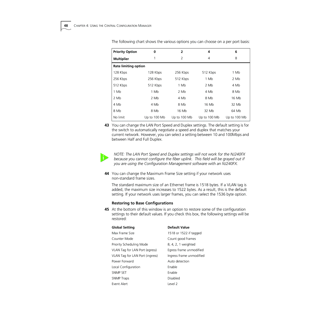 3Com NJ240FX manual Restoring to Base Configurations, Global Setting Default Value 
