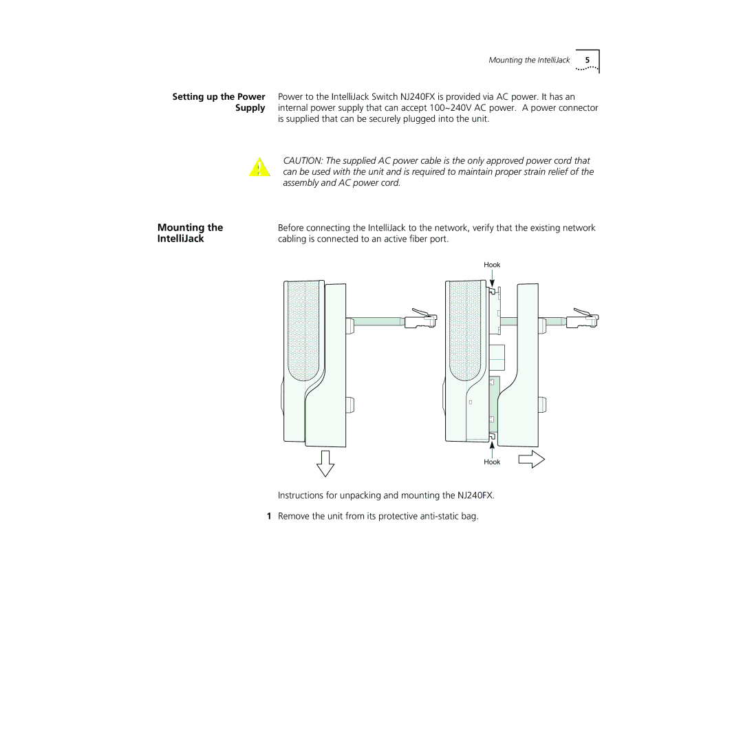 3Com NJ240FX manual Mounting, IntelliJack, Cabling is connected to an active fiber port 