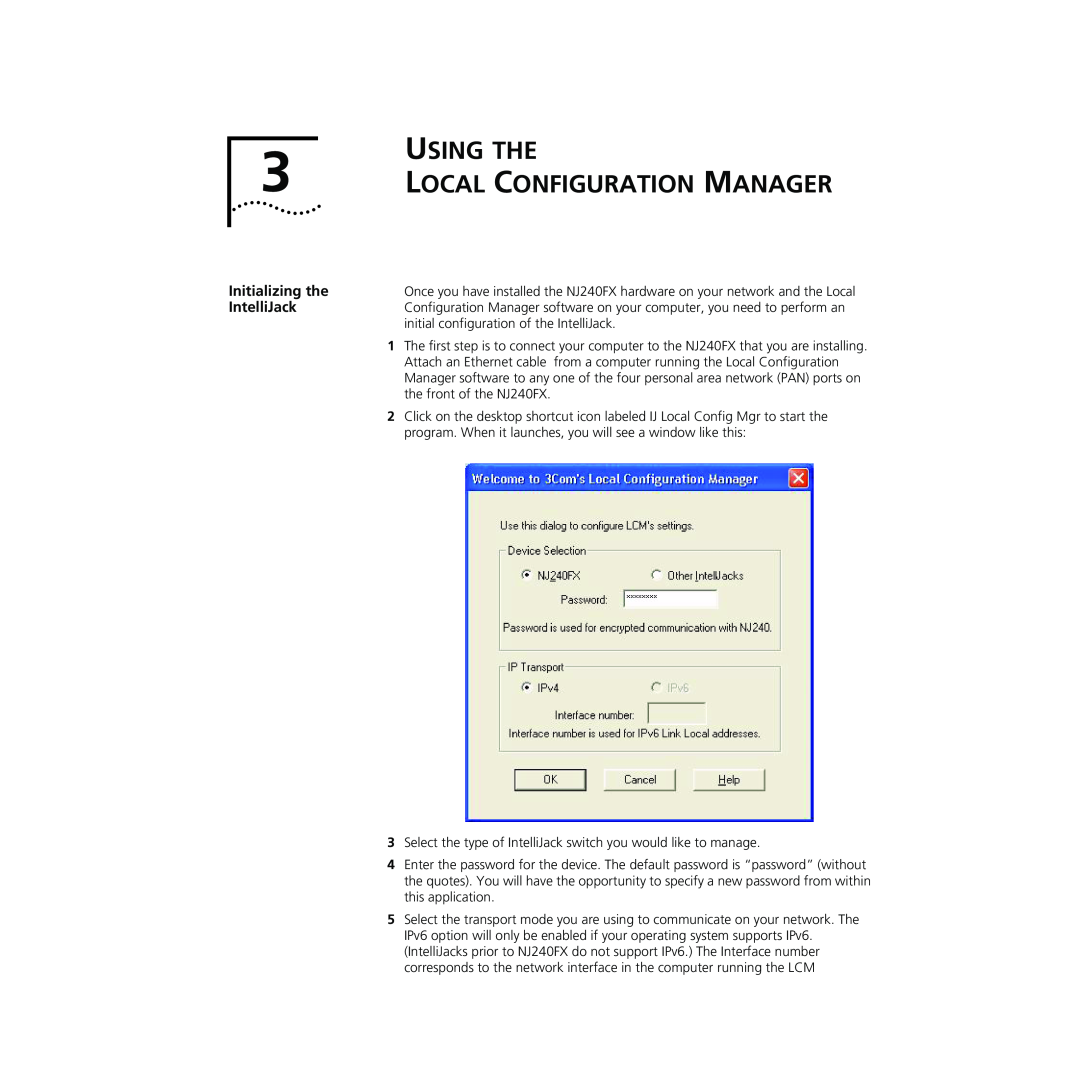 3Com NJ240FX manual USING THE 3 LOCAL CONFIGURATION MANAGER, Initializing the, IntelliJack 