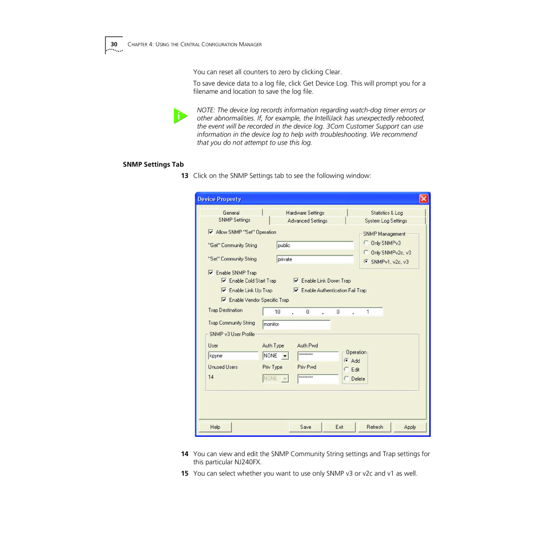 3Com NJ240FX manual SNMP Settings Tab 