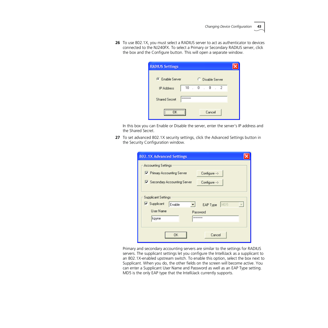 3Com NJ240FX manual In this box you can Enable or Disable the server, enter the server’s IP address and the Shared Secret 