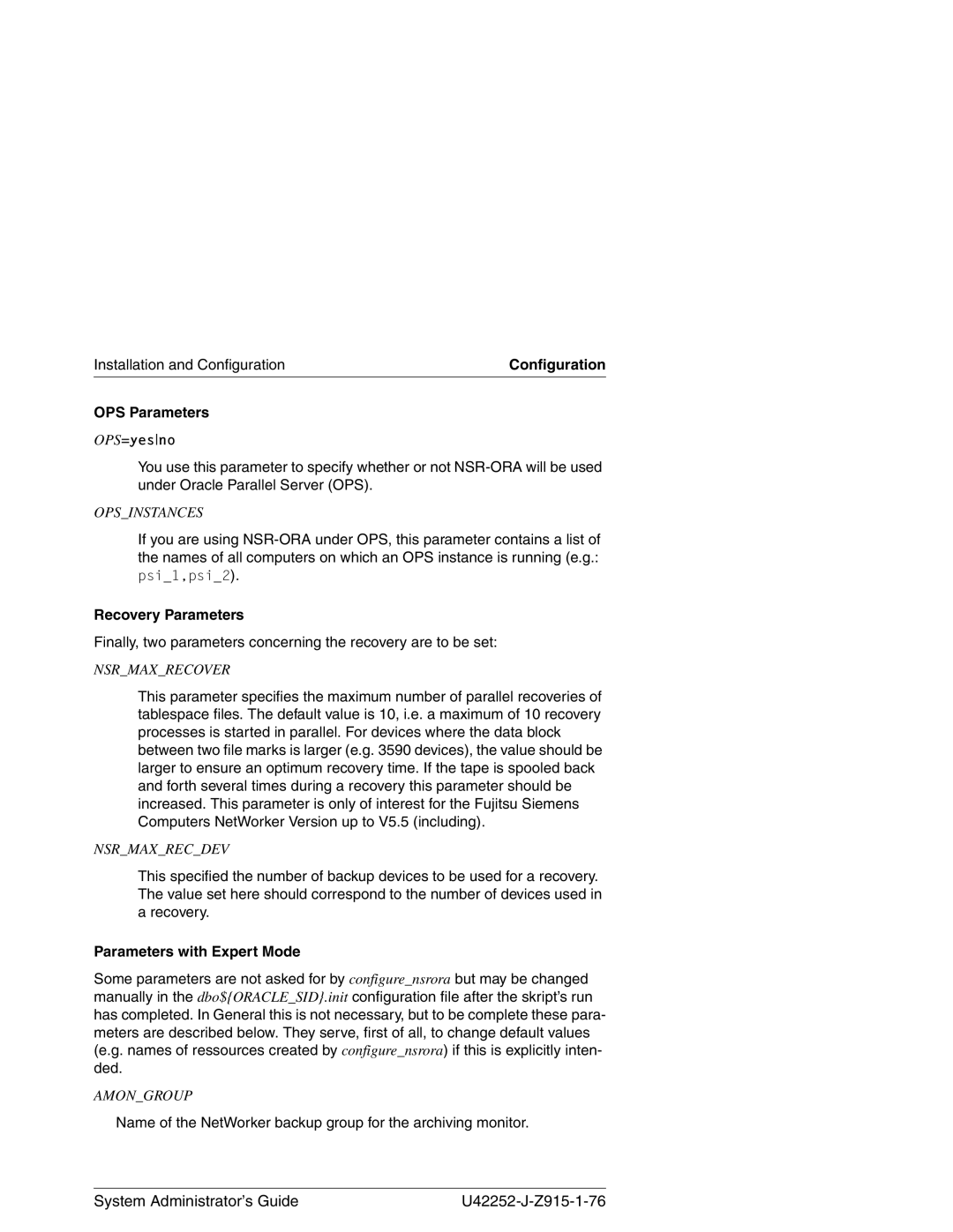 3Com NSR-ORA V3.2 manual OPS Parameters, Recovery Parameters, Parameters with Expert Mode 