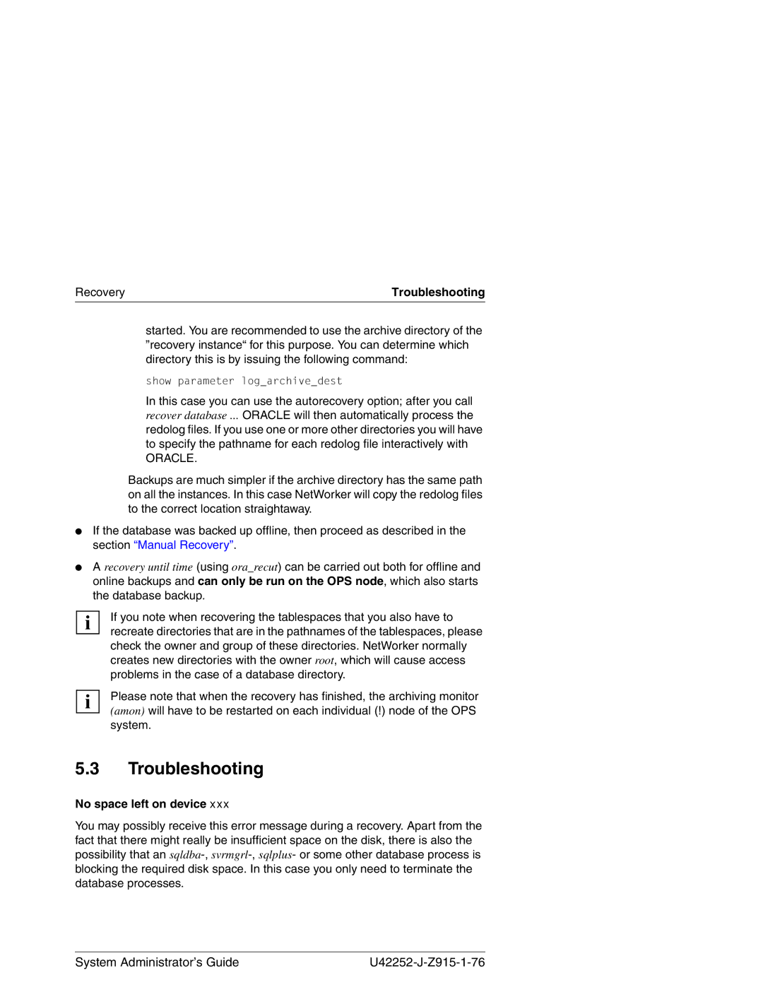 3Com NSR-ORA V3.2 manual Oracle, No space left on device 