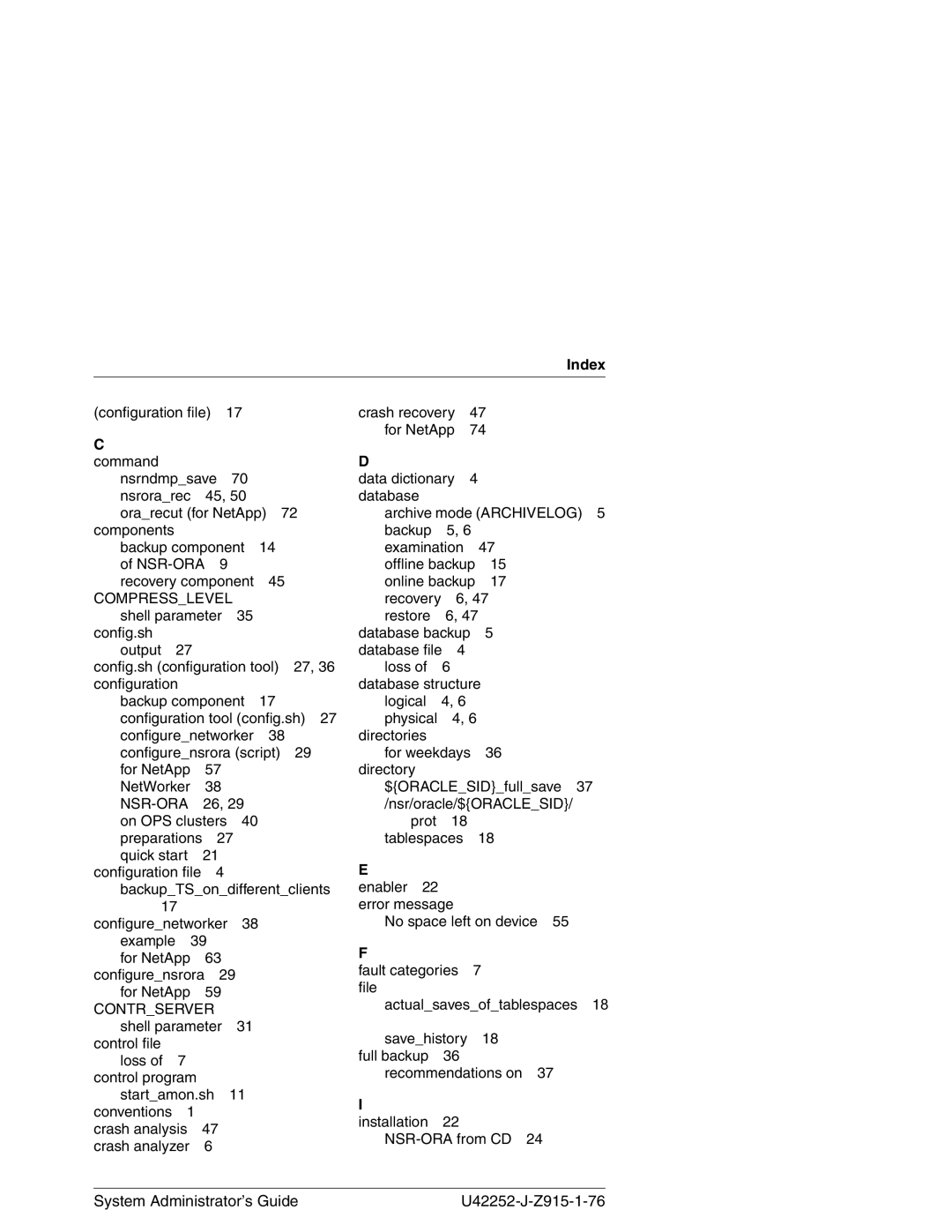 3Com NSR-ORA V3.2 manual Index, Shell parameter Config.sh Output, For NetApp NetWorker, For NetApp Configurensrora 