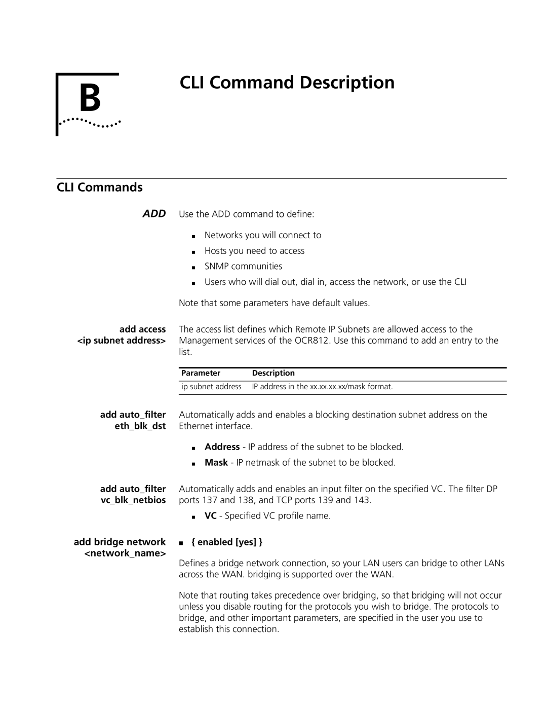 3Com OfficeConnect Remote 812 manual CLI Commands, Add bridge network, Networkname 