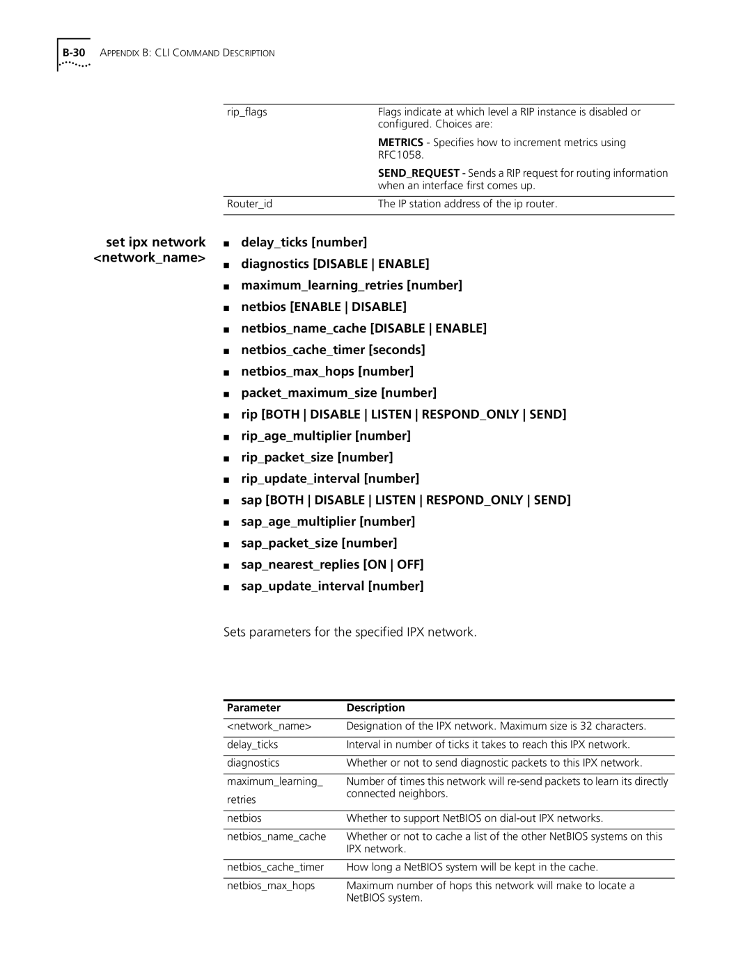 3Com OfficeConnect Remote 812 manual Set ipx network networkname, Sets parameters for the specified IPX network 