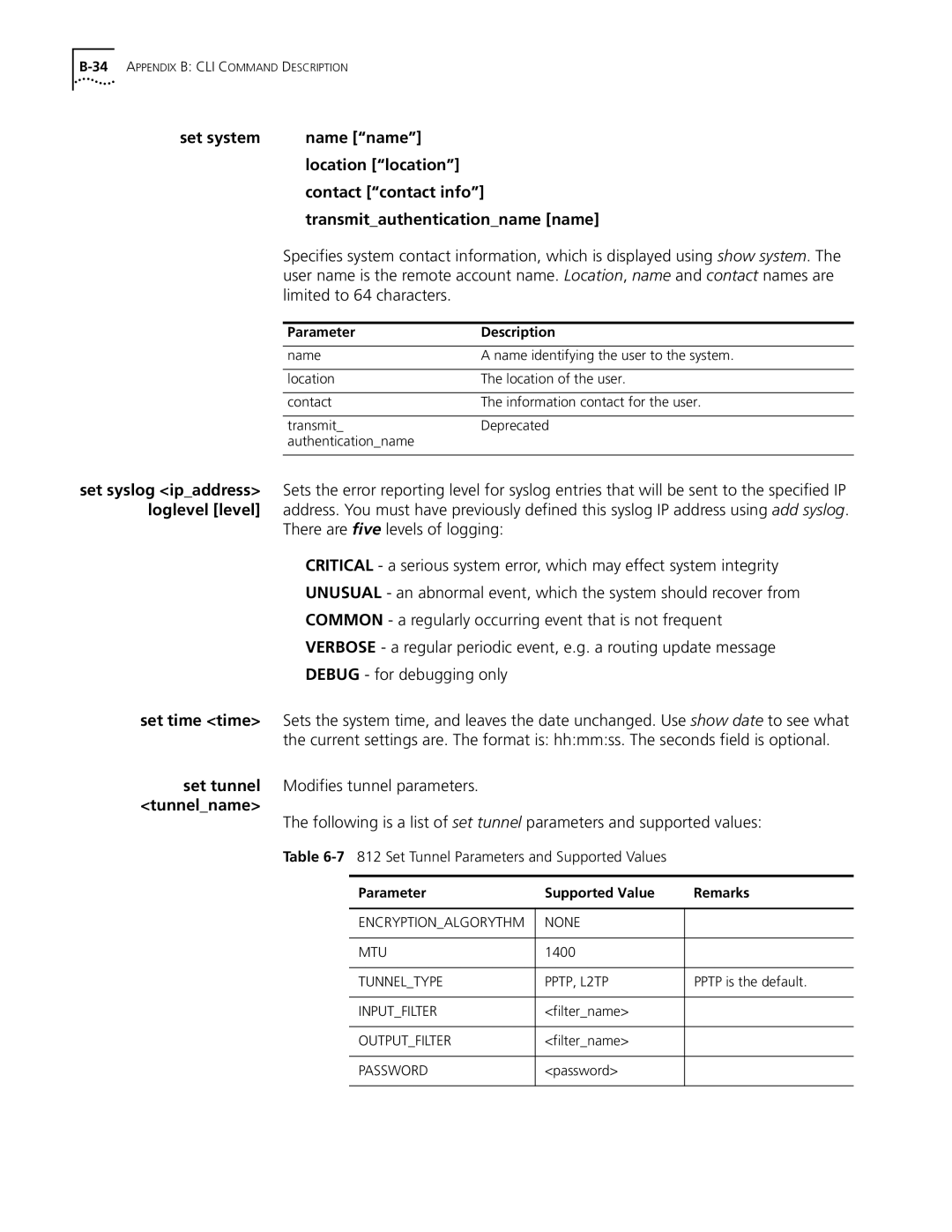 3Com OfficeConnect Remote 812 manual Set system Name name Location location, Transmitauthenticationname name 