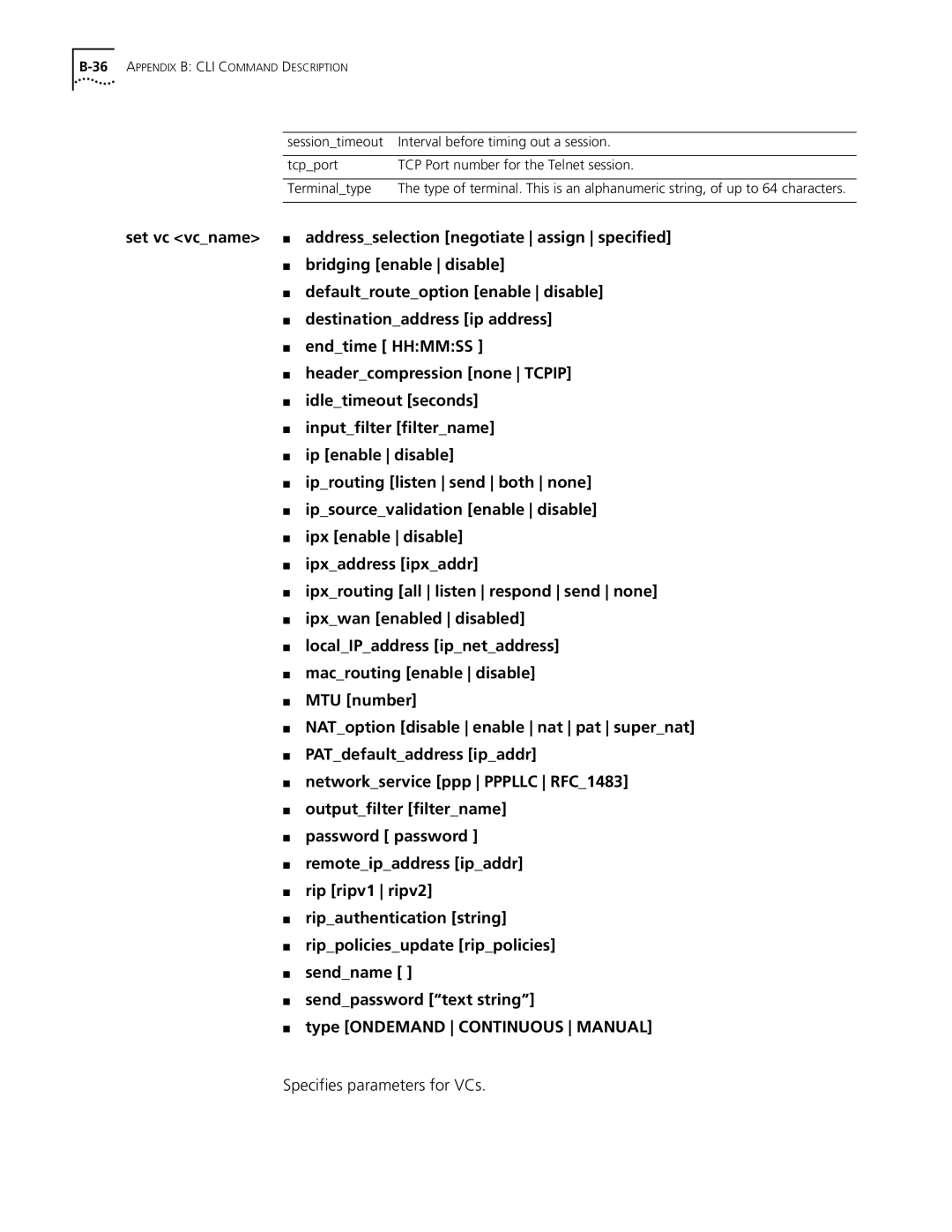 3Com OfficeConnect Remote 812 Set vc vcname, Bridging enable disable, Defaultrouteoption enable disable, Endtime Hhmmss 