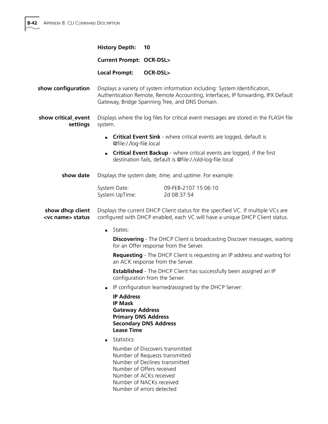 3Com OfficeConnect Remote 812 manual History Depth Current Prompt OCR-DSL Local Prompt OCR-DSL, System UpTime, Statistics 