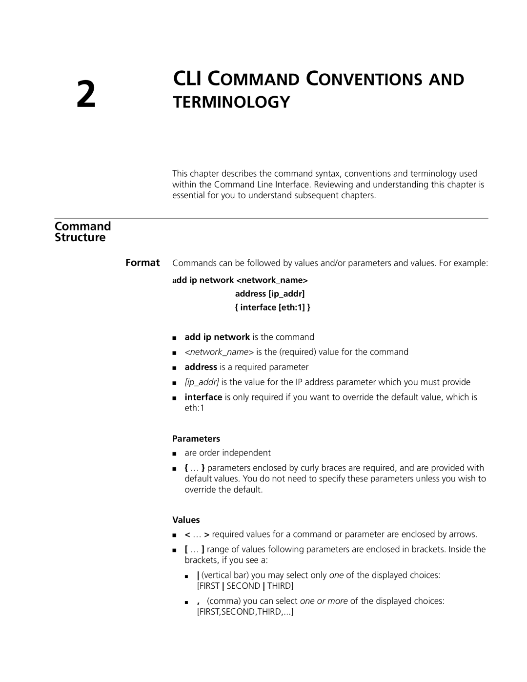 3Com OfficeConnect Remote 812 manual Add ip network is the command, Parameters, Values 