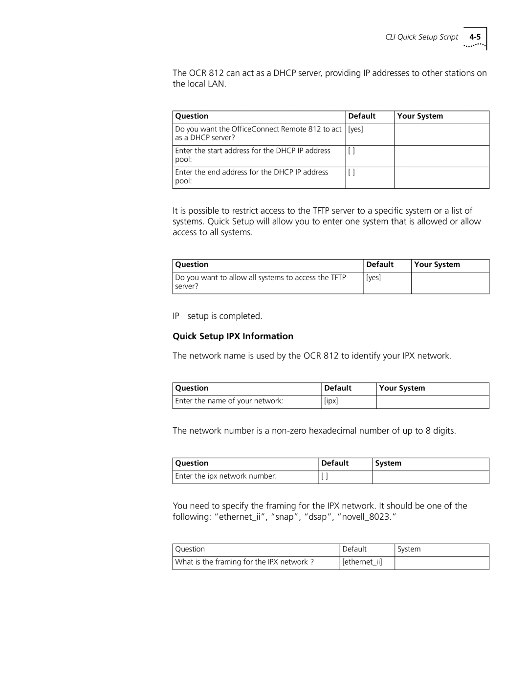 3Com OfficeConnect Remote 812 manual IP setup is completed, Quick Setup IPX Information 