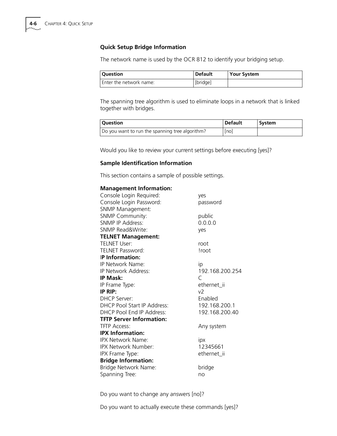 3Com OfficeConnect Remote 812 Quick Setup Bridge Information, Sample Identification Information, Management Information 