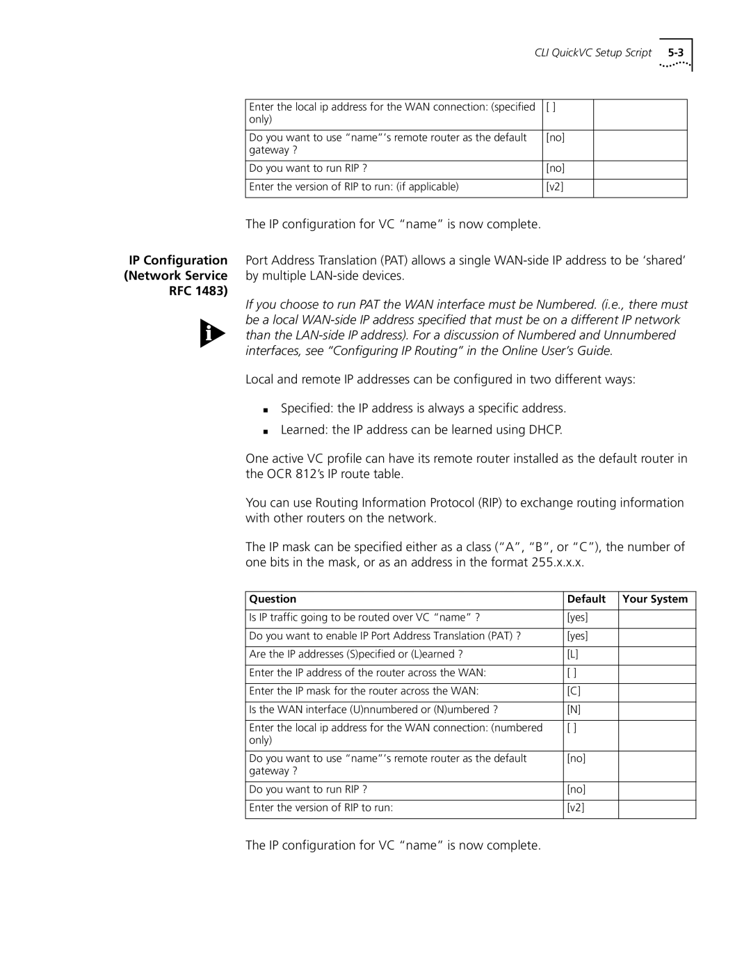 3Com OfficeConnect Remote 812 manual Rfc, IP configuration for VC name is now complete 