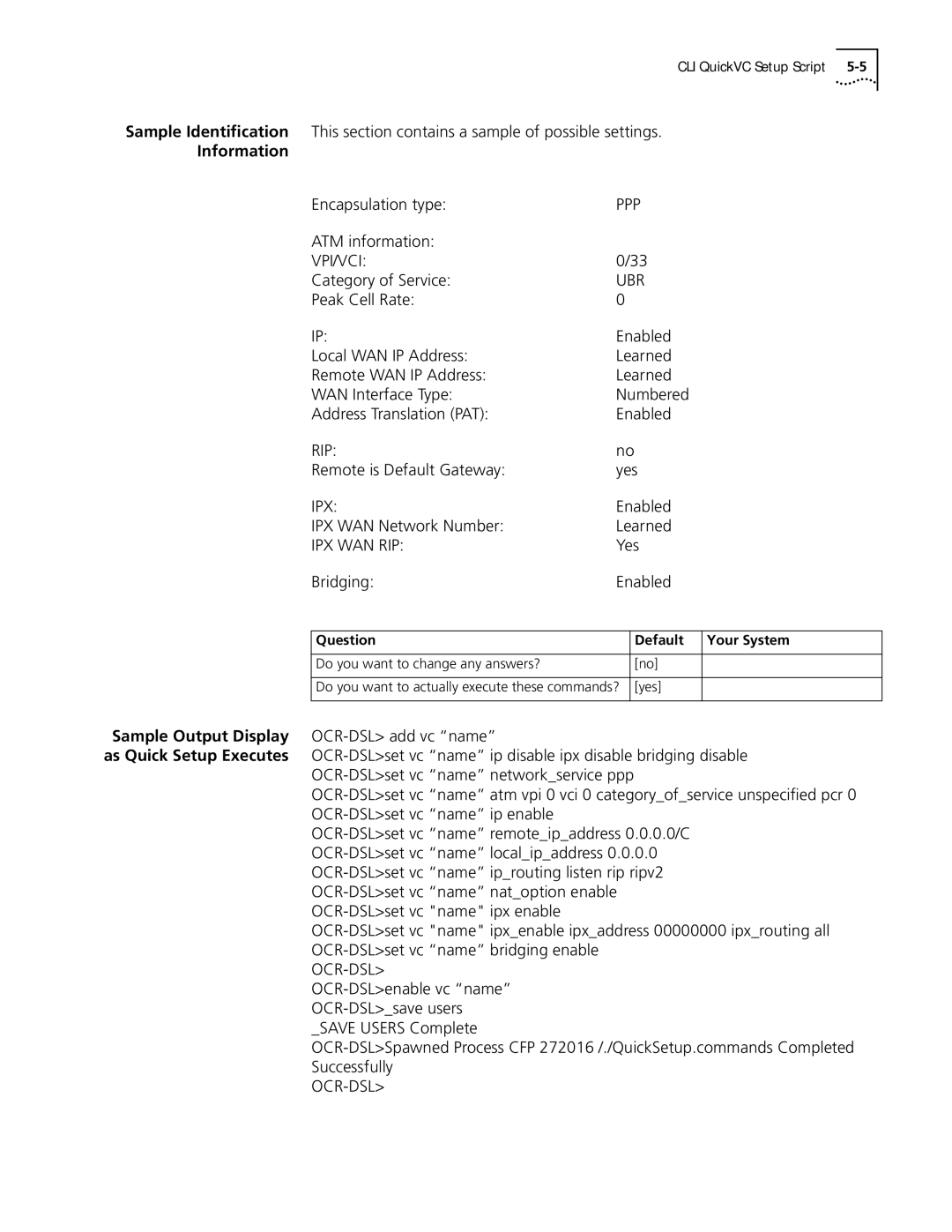 3Com OfficeConnect Remote 812 manual Sample Identification, Information, Sample Output Display 