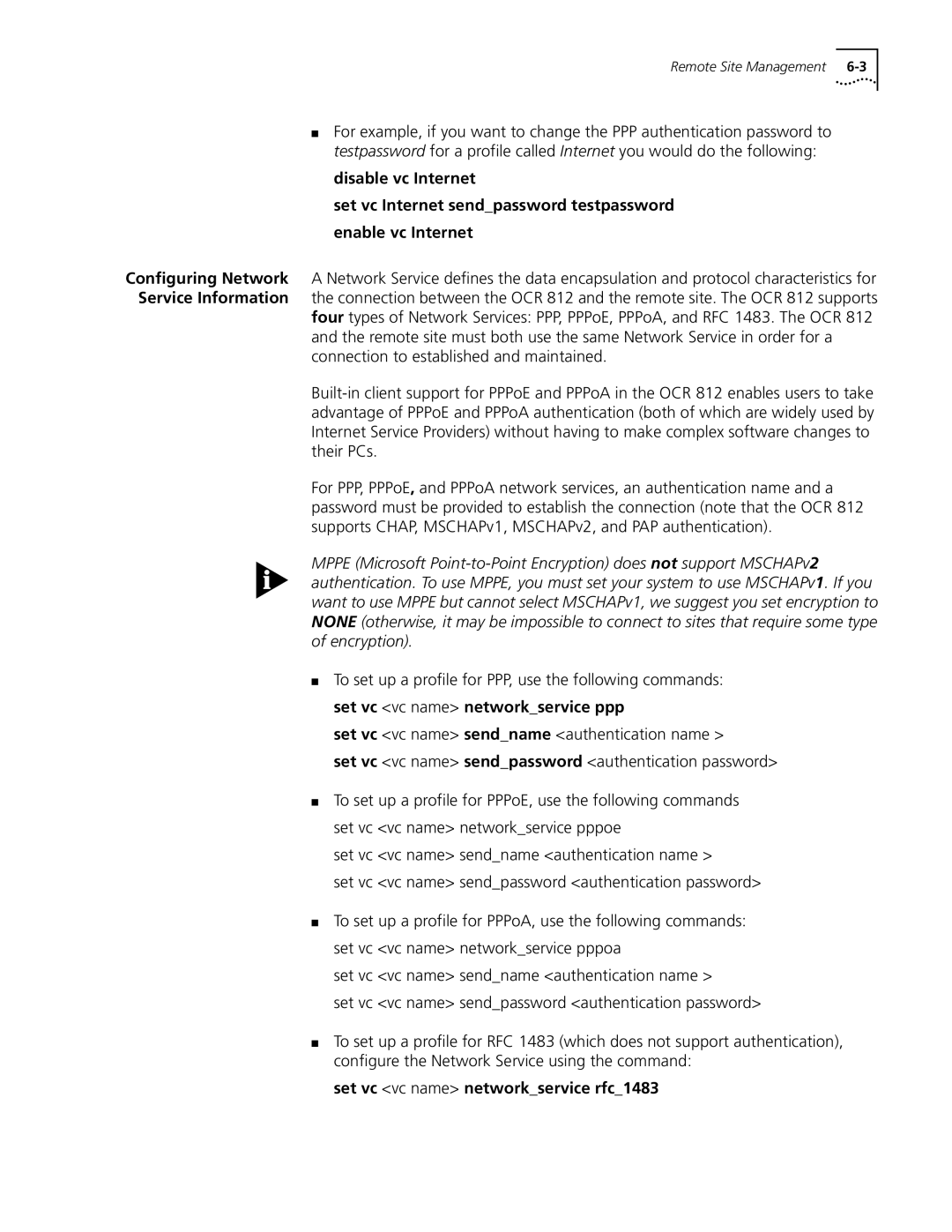 3Com OfficeConnect Remote 812 To set up a profile for PPP, use the following commands, Set vc vc name networkservice ppp 