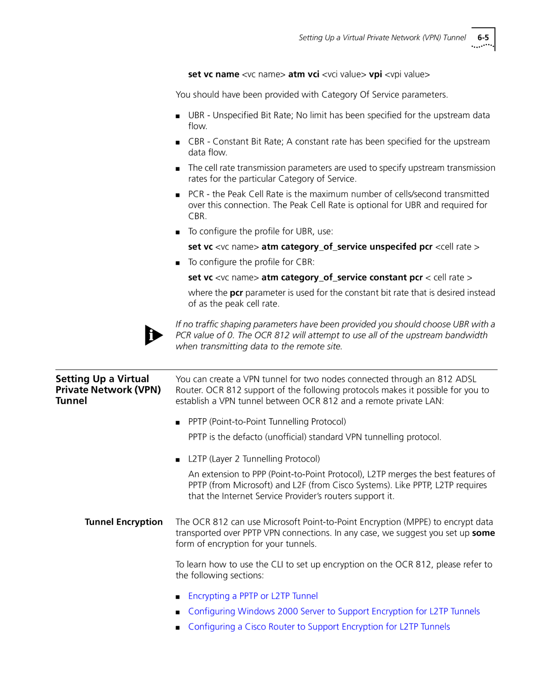 3Com OfficeConnect Remote 812 Setting Up a Virtual, Tunnel, Set vc vc name atm categoryofservice constant pcr cell rate 