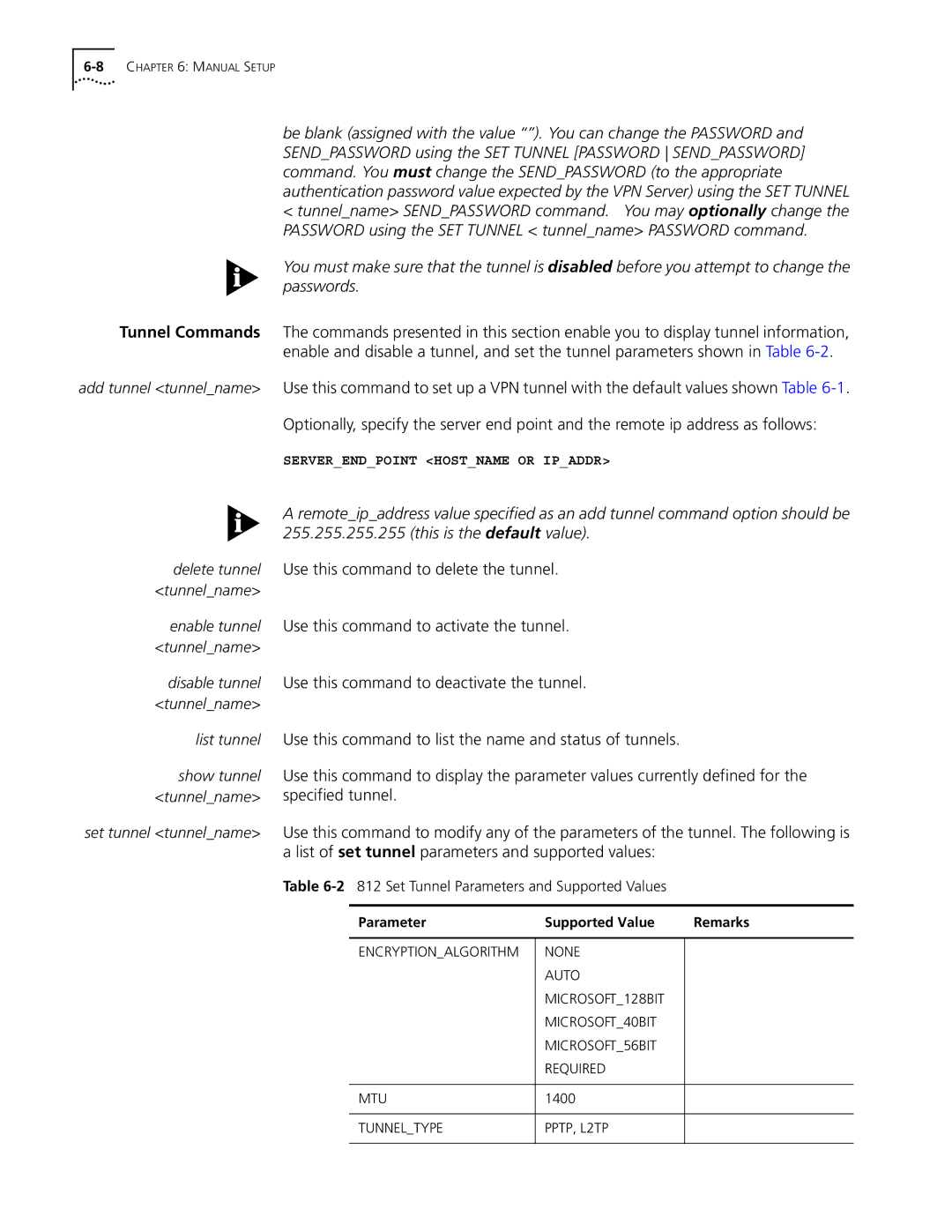 3Com OfficeConnect Remote 812 manual Parameter Supported Value Remarks, Tunneltype PPTP, L2TP 