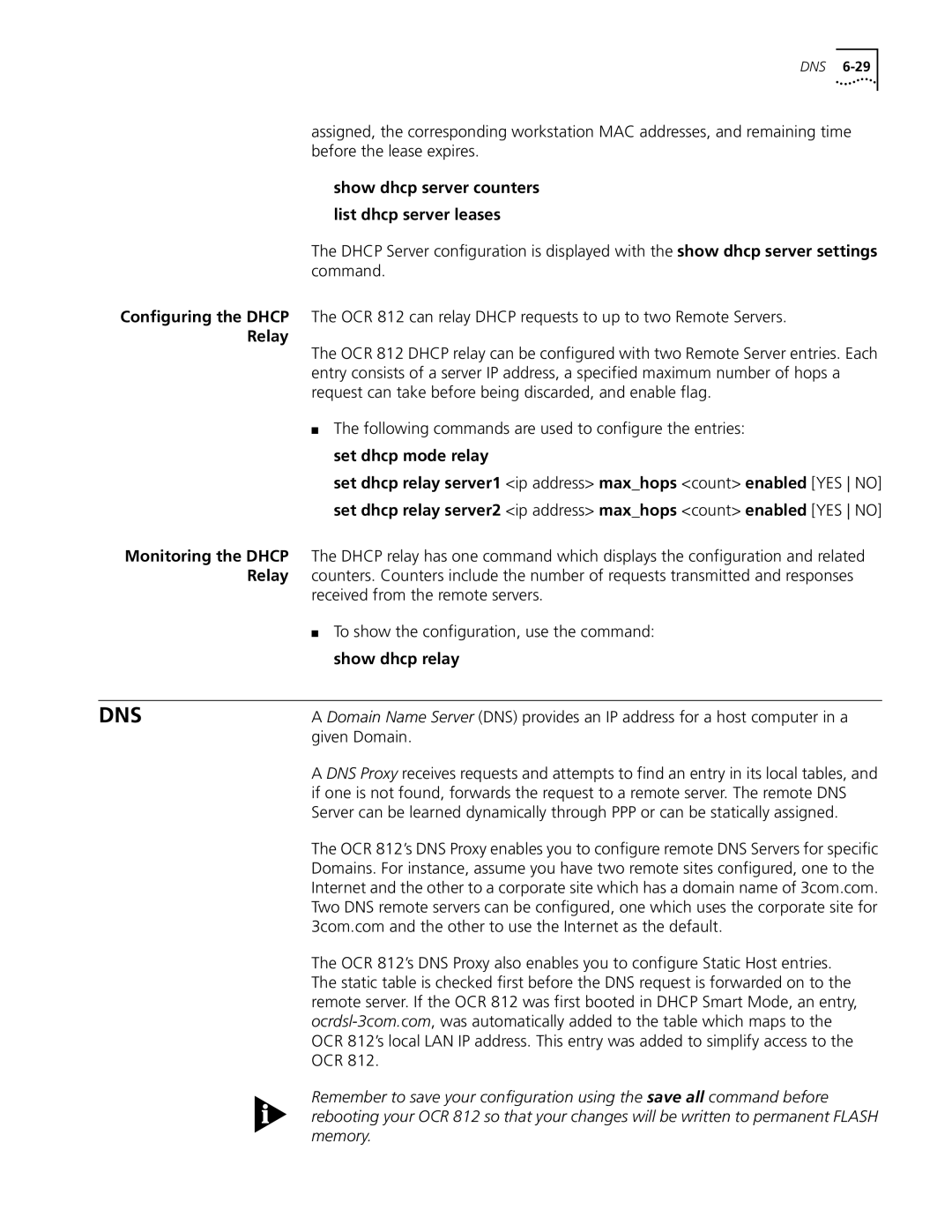 3Com OfficeConnect Remote 812 manual Show dhcp server counters, List dhcp server leases, Configuring the Dhcp, Relay 