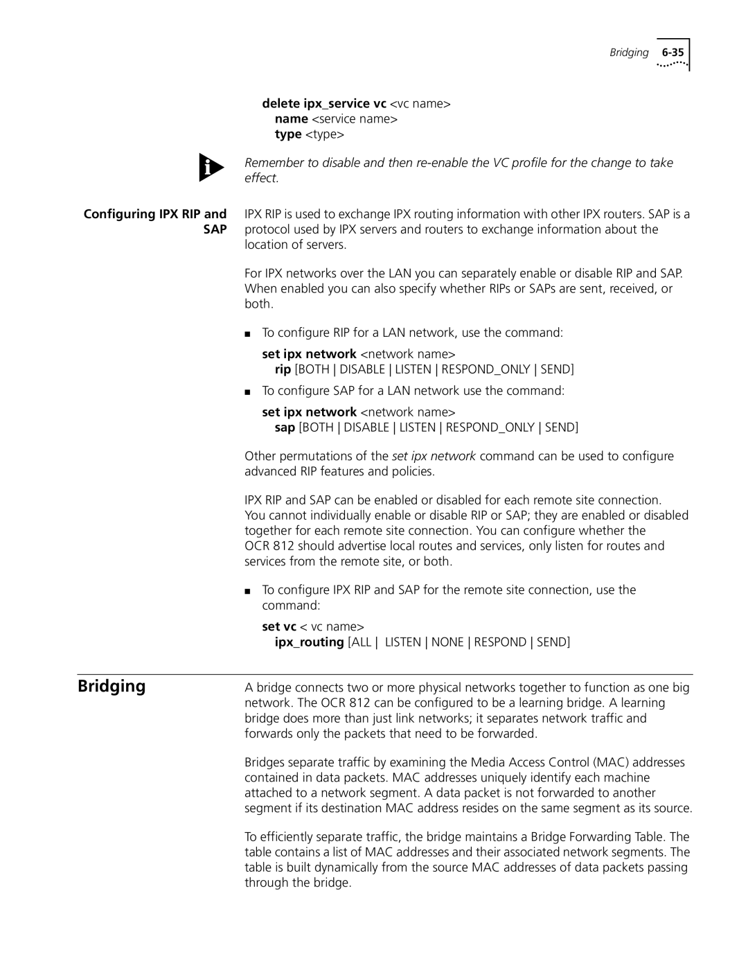 3Com OfficeConnect Remote 812 manual Bridging, Configuring IPX RIP, Set ipx network network name 