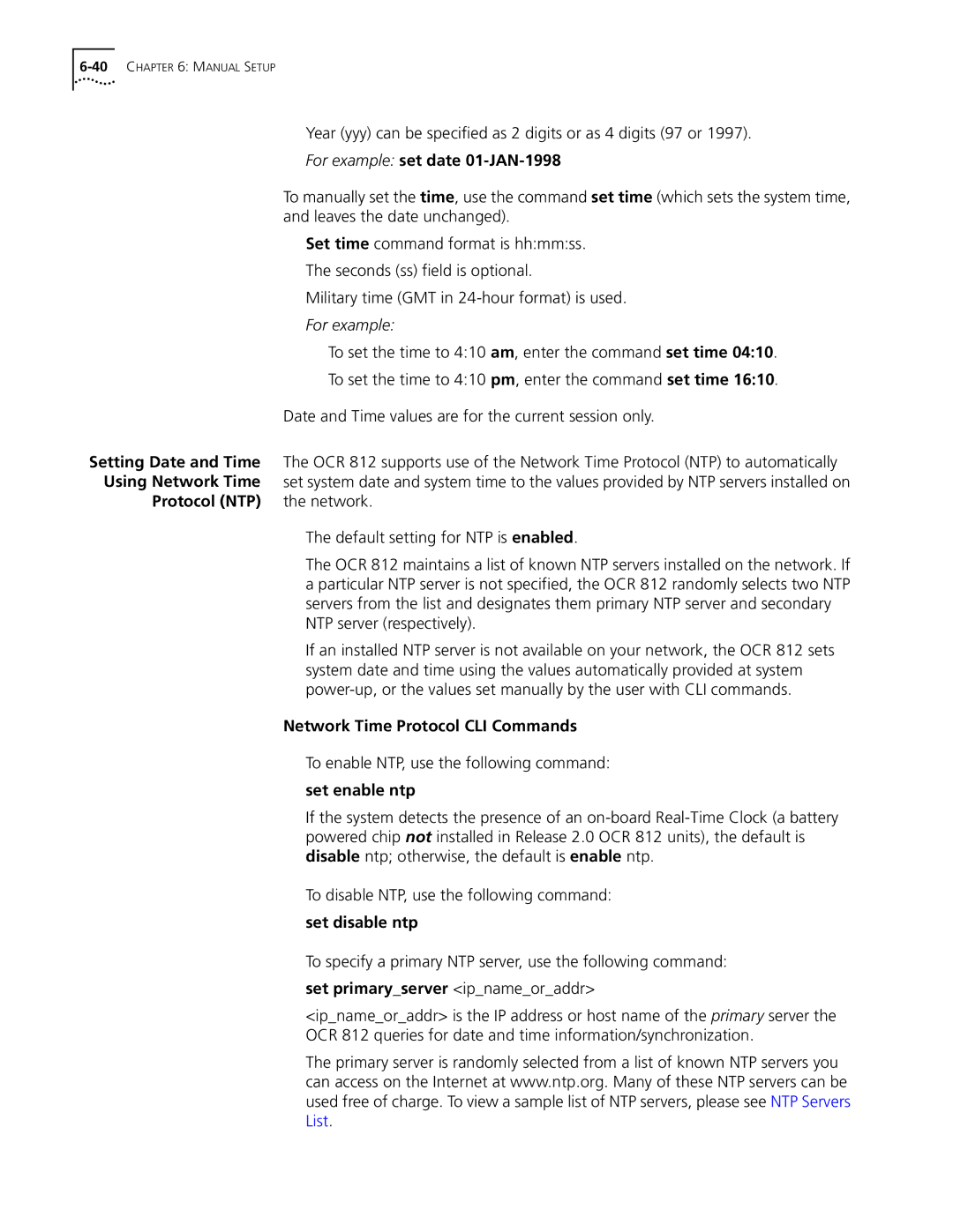 3Com OfficeConnect Remote 812 For example set date 01-JAN-1998, Protocol NTP the network, Set enable ntp, Set disable ntp 