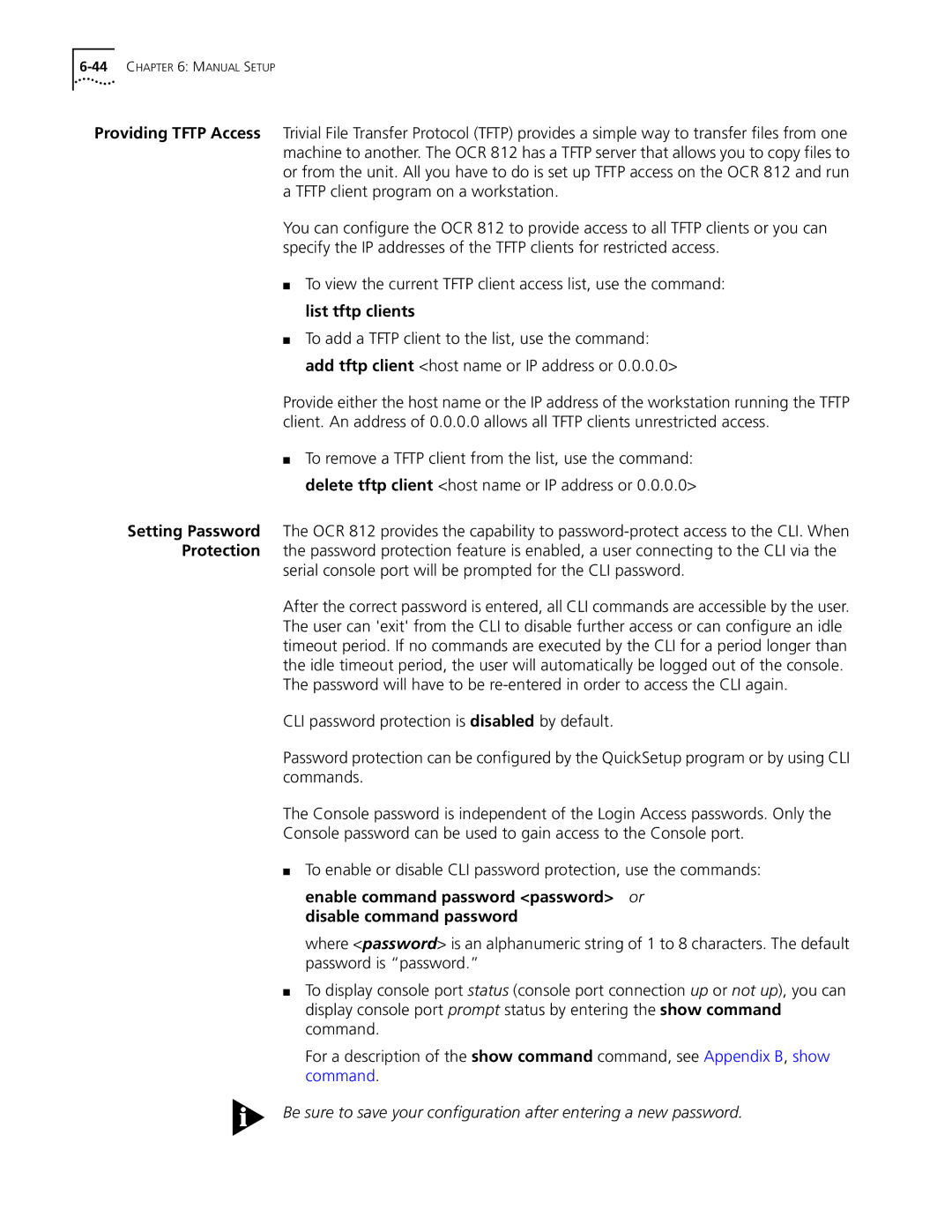 3Com OfficeConnect Remote 812 manual List tftp clients, Setting Password Protection 