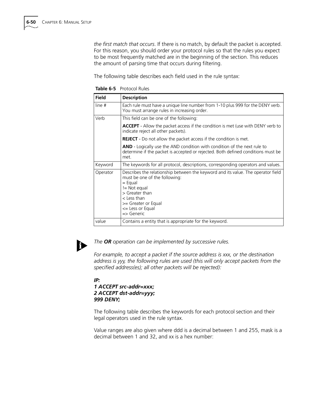 3Com OfficeConnect Remote 812 manual Accept src-addr=xxx Accept dst-addr=yyy Deny 