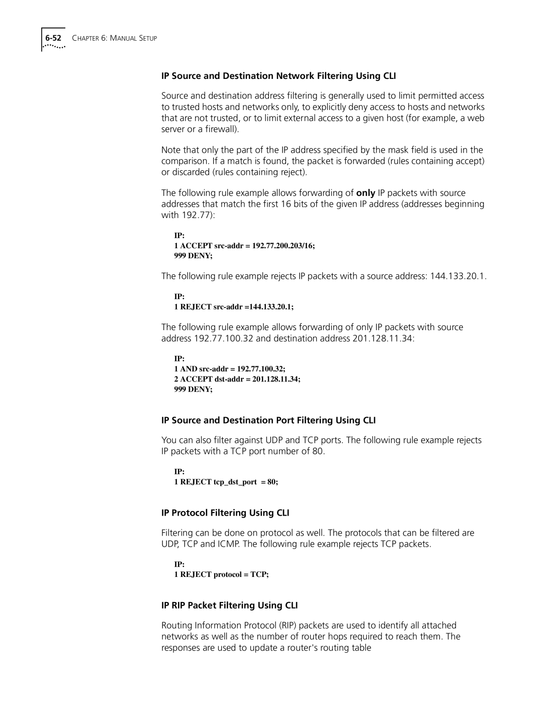 3Com OfficeConnect Remote 812 manual IP Source and Destination Network Filtering Using CLI, IP Protocol Filtering Using CLI 