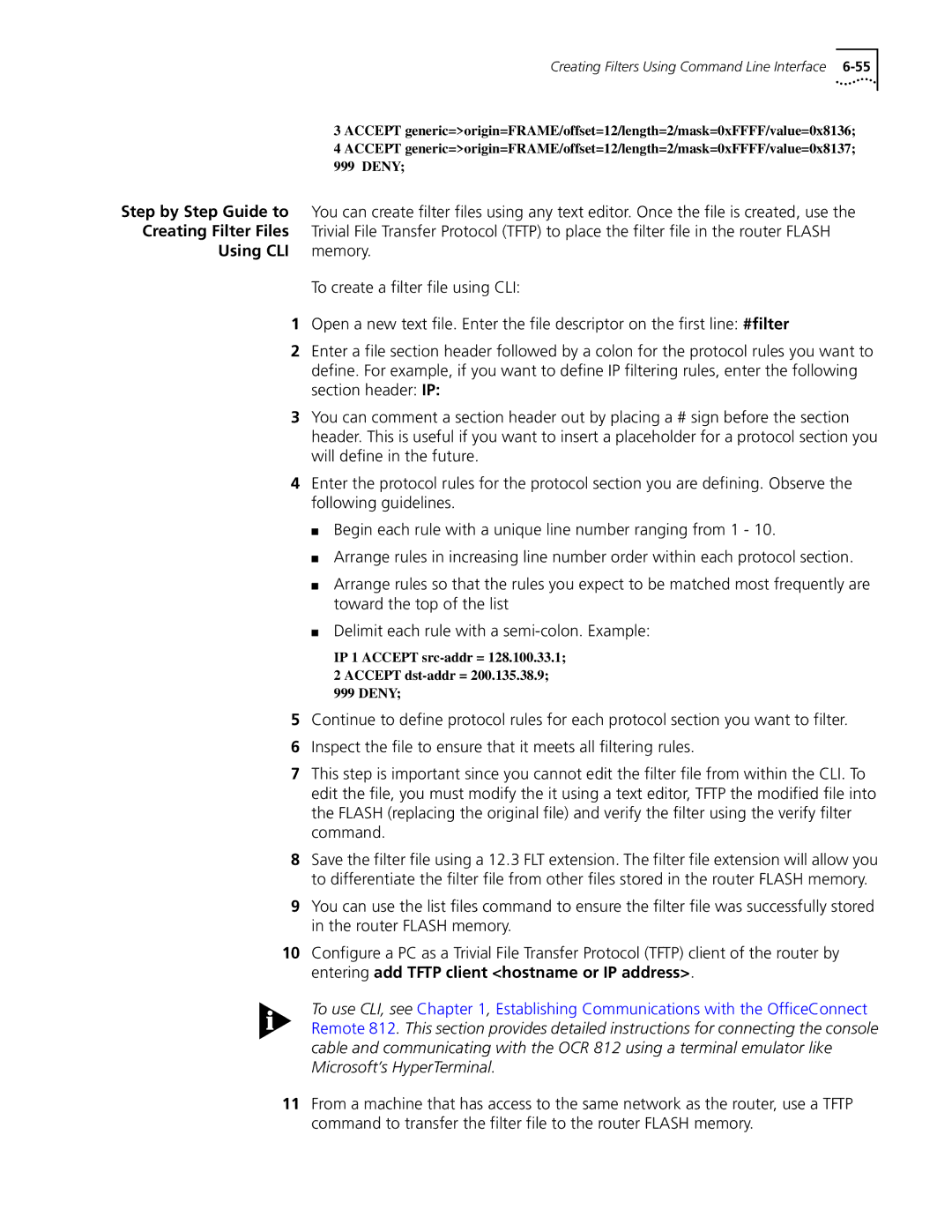 3Com OfficeConnect Remote 812 manual Creating Filter Files, Using CLI Memory 