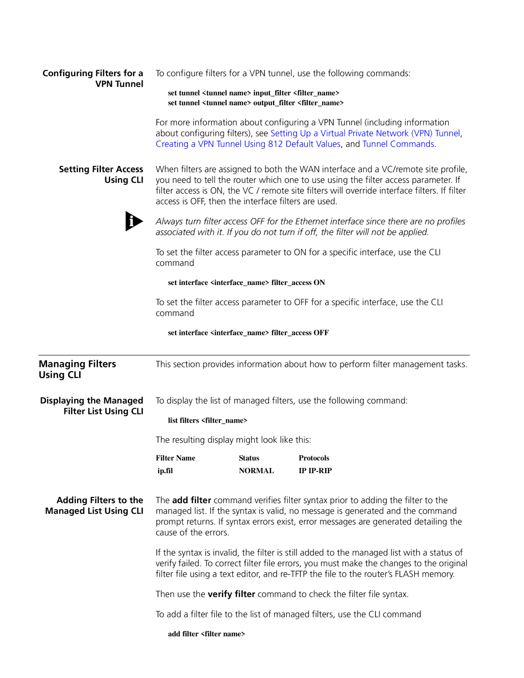 3Com OfficeConnect Remote 812 manual Managing Filters, VPN Tunnel, Filter List Using CLI 