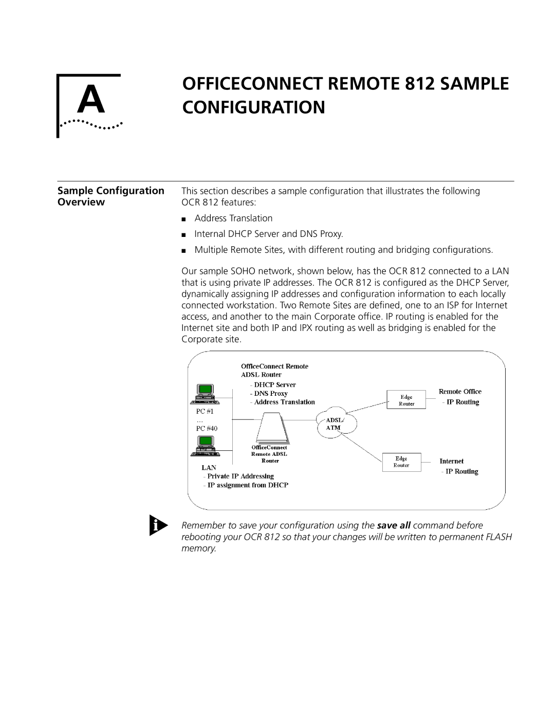 3Com OfficeConnect Remote 812 Sample Configuration, OCR 812 features, Internal Dhcp Server and DNS Proxy, Corporate site 