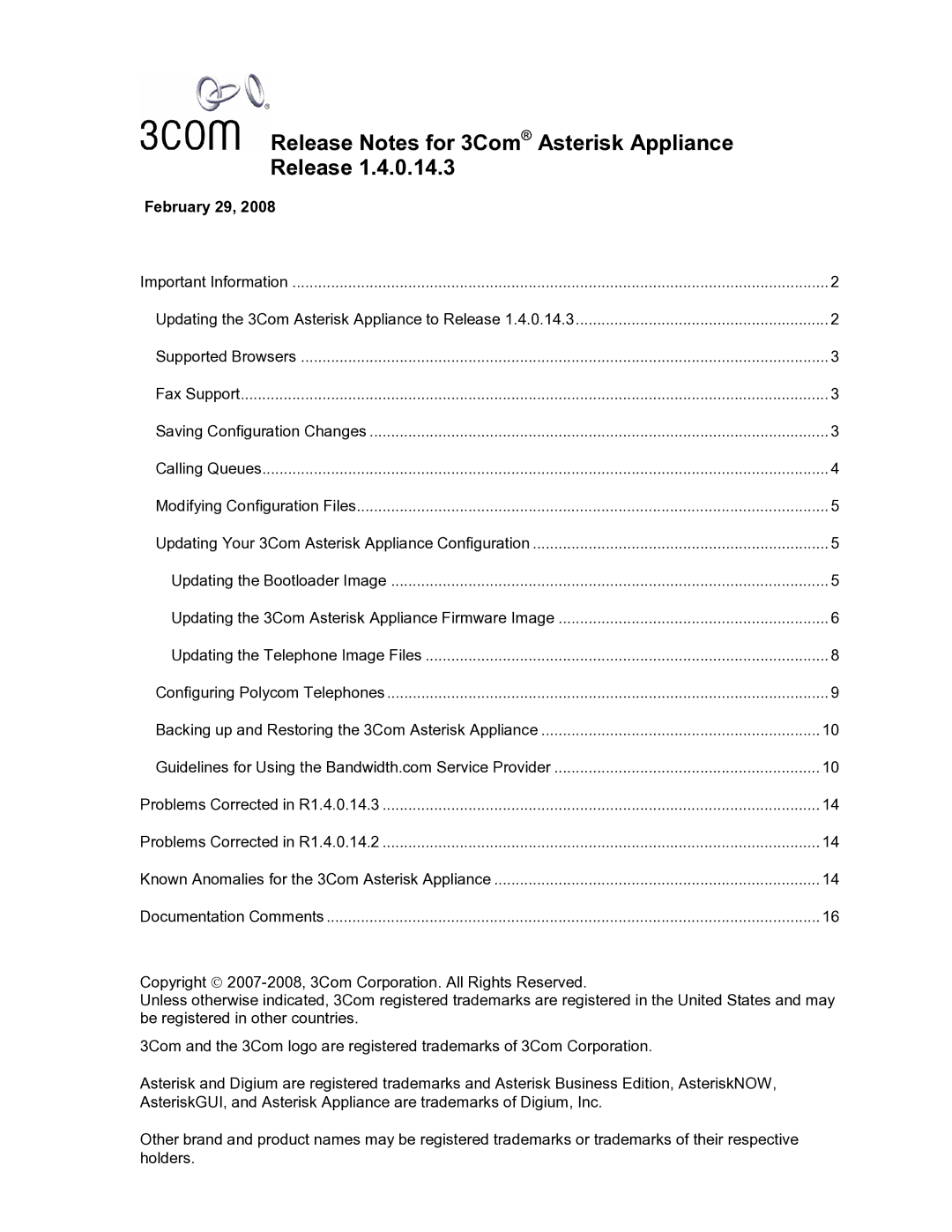 3Com Oven manual Release Notes for 3Com Asterisk Appliance, February 29 