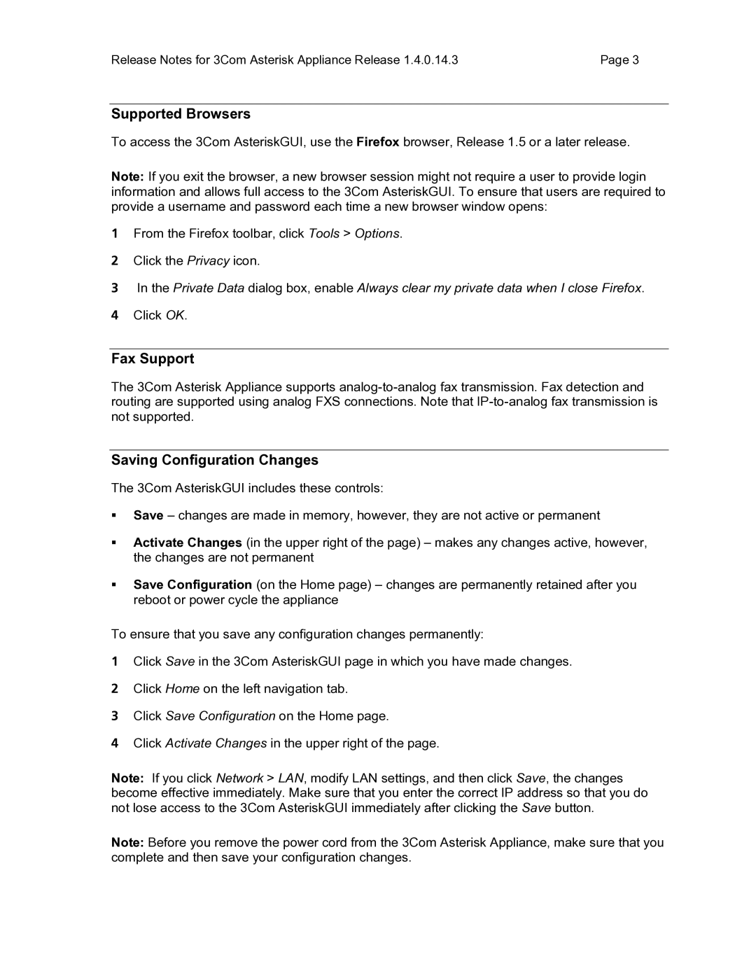 3Com Oven manual Supported Browsers, Fax Support, Saving Configuration Changes 