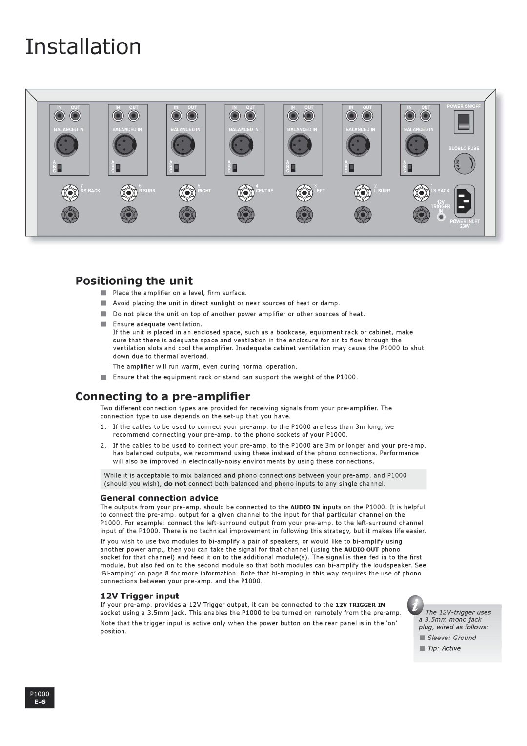 3Com P1000 Installation, Positioning the unit, Connecting to a pre-amplifier, General connection advice, 12V Trigger input 