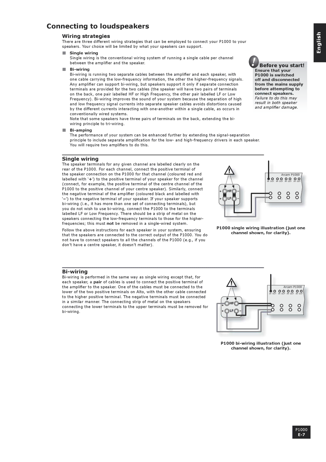 3Com P1000 manual Connecting to loudspeakers, Wiring strategies, Single wiring, Bi-wiring 