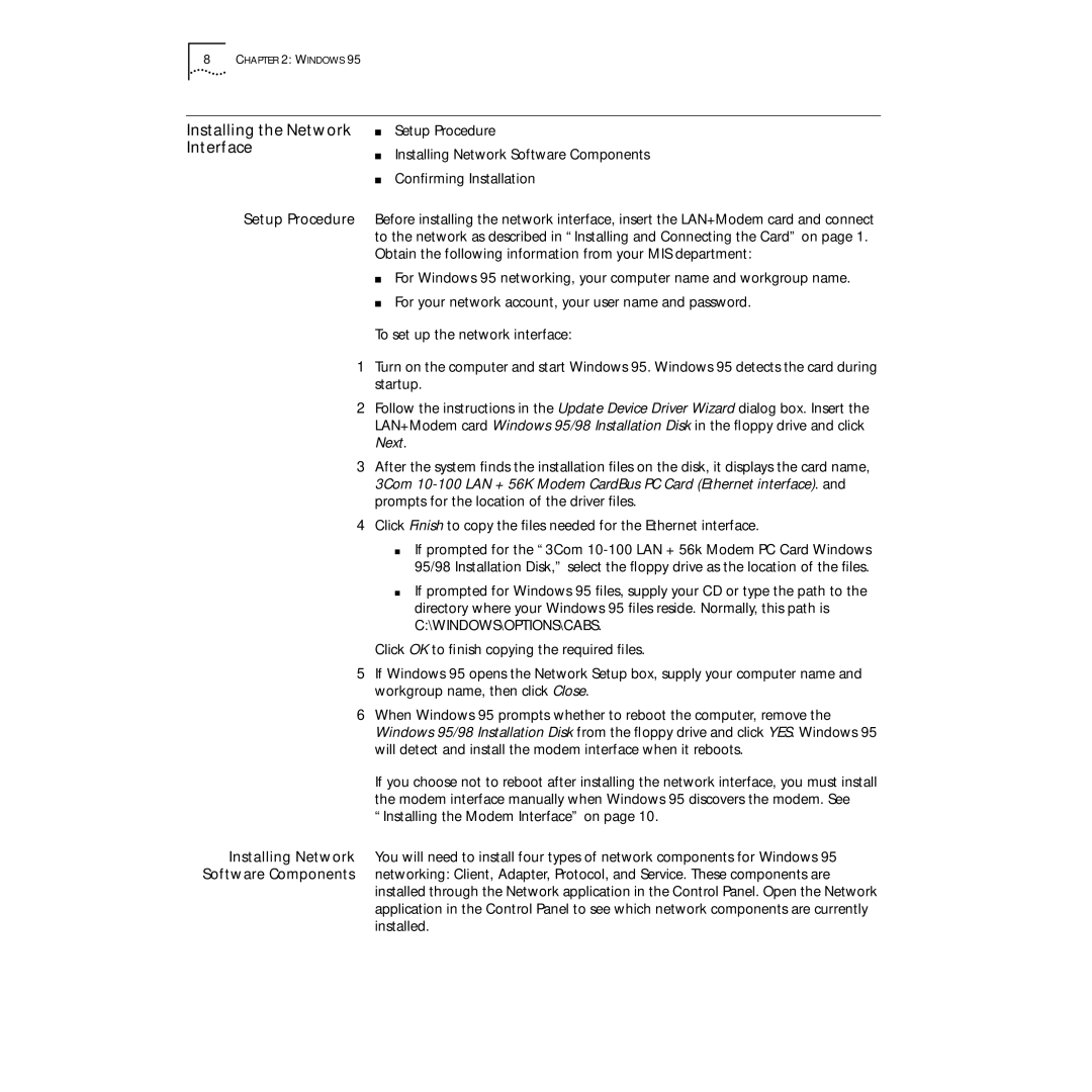 3Com PC Card manual Installing the Network, Interface 