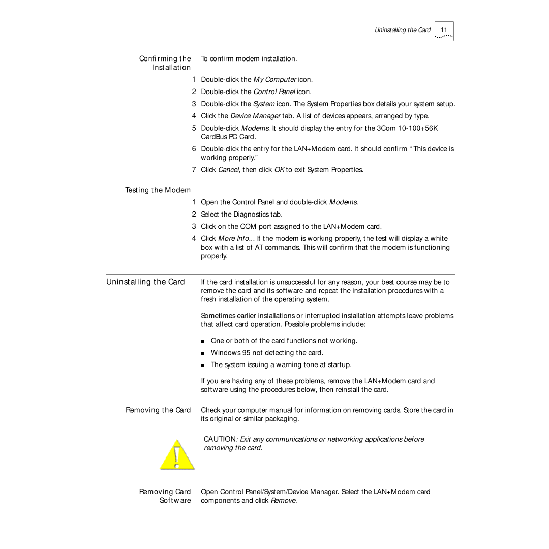 3Com PC Card manual Installation, Testing the Modem 