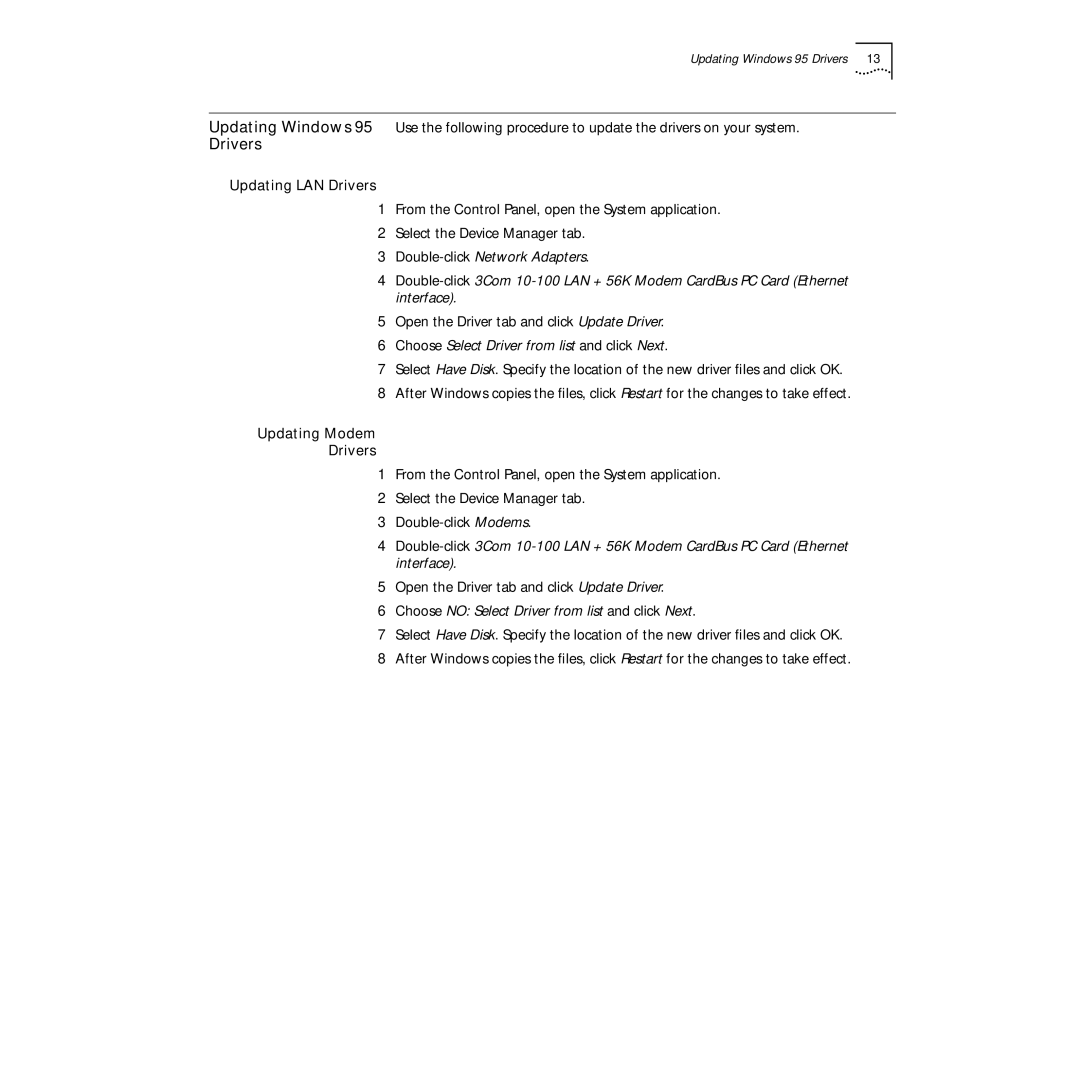 3Com PC Card manual Updating LAN Drivers, Updating Modem Drivers 