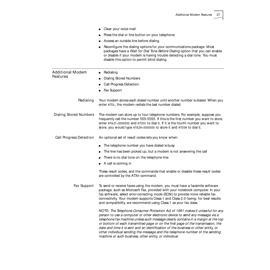 3Com PC Card manual Additional Modem Features, Redialing Dialing Stored Numbers 