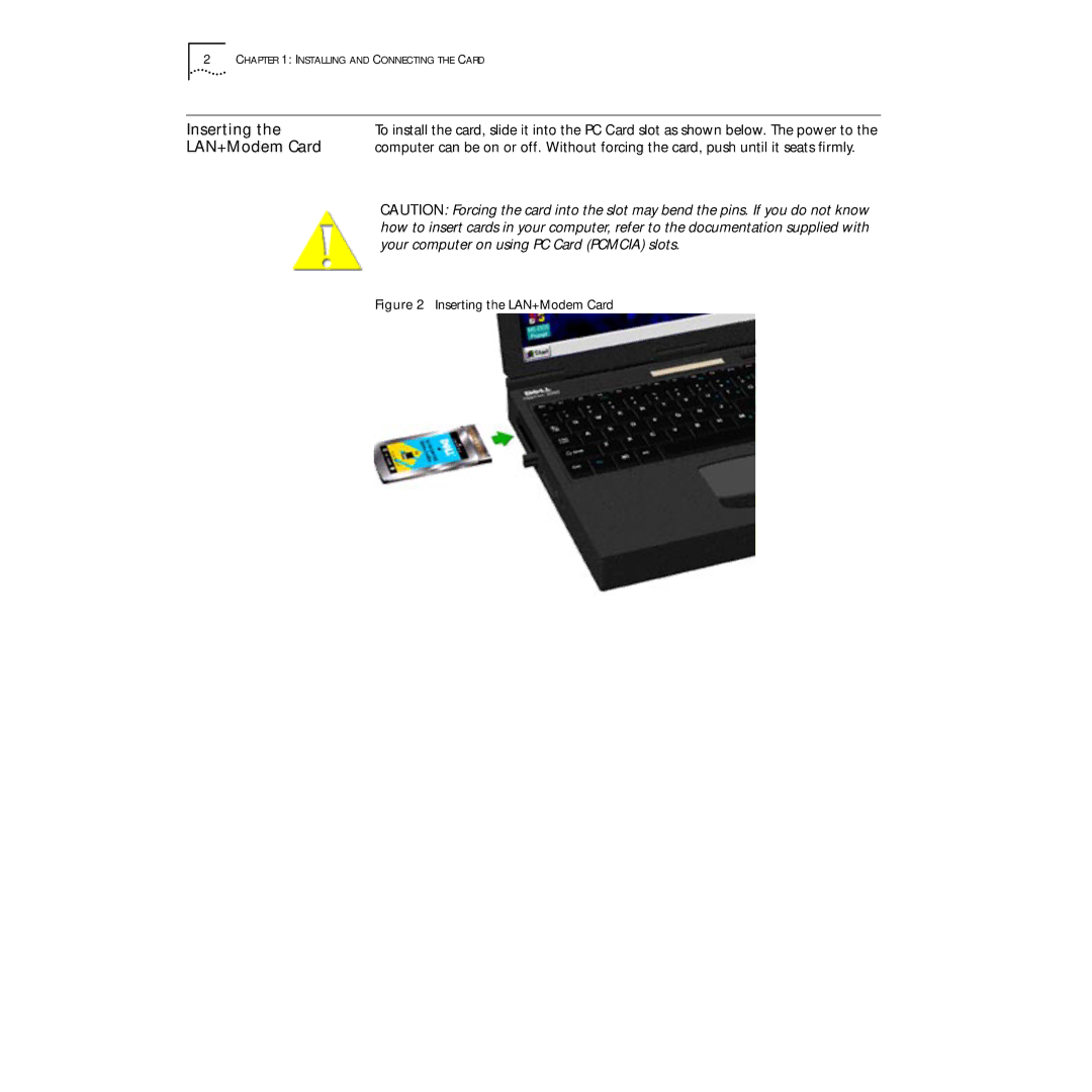 3Com PC Card manual Inserting the LAN+Modem Card 