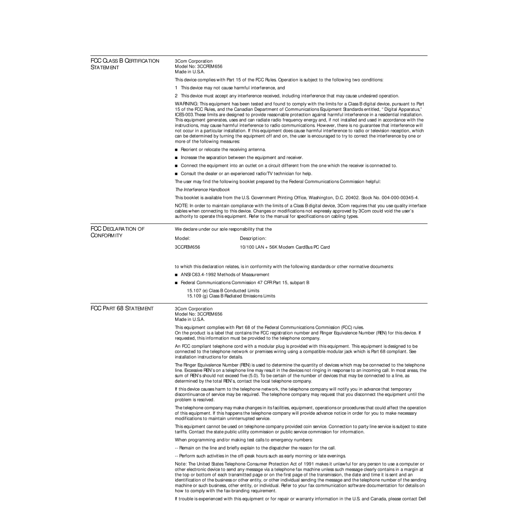 3Com PC Card manual FCC Declaration 