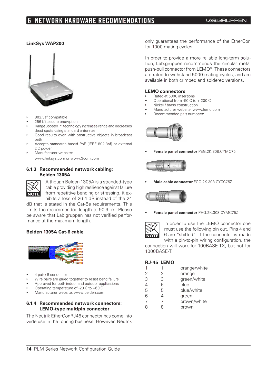 3Com PLM Series manual LinkSys WAP200, Recommended network cabling Belden 1305A, Belden 1305A Cat-6 cable, Lemo connectors 