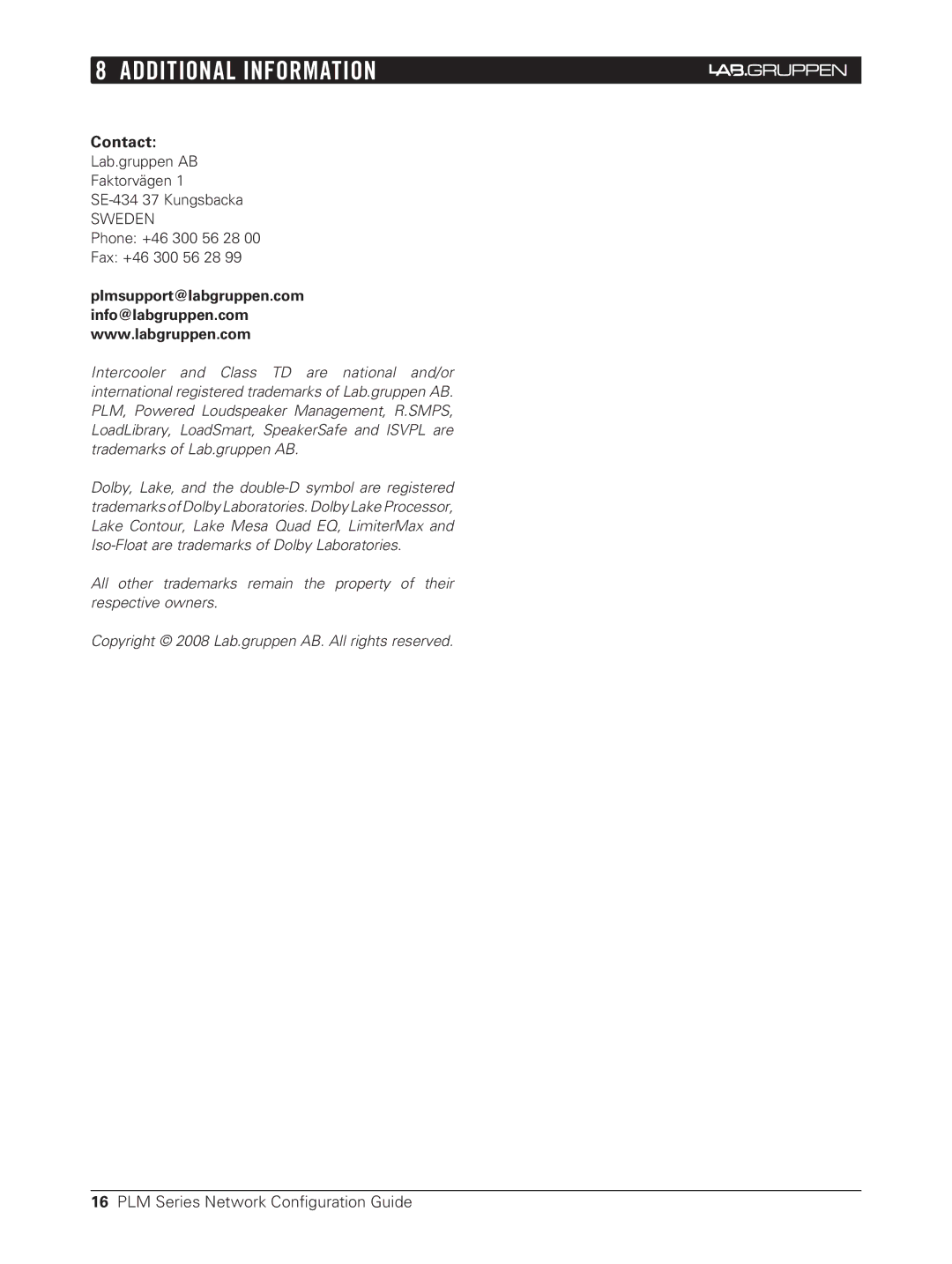 3Com PLM Series, NCG-PLM manual Contact, Plmsupport@labgruppen.com Info@labgruppen.com 