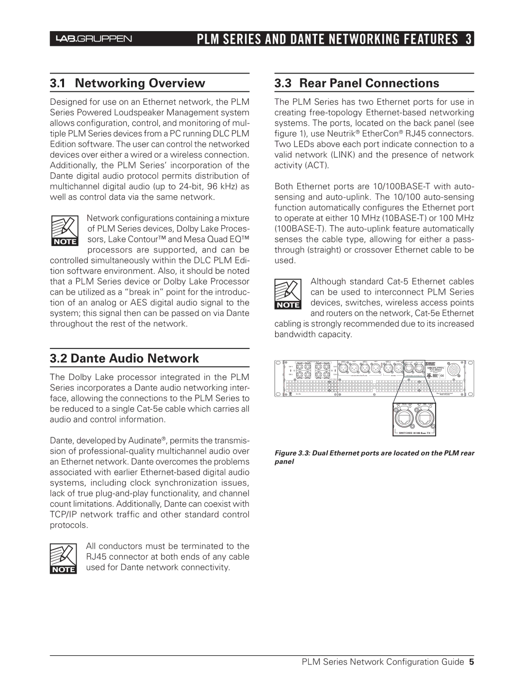 3Com NCG-PLM PLM Series and Dante Networking Features, Networking Overview, Dante Audio Network, Rear Panel Connections 