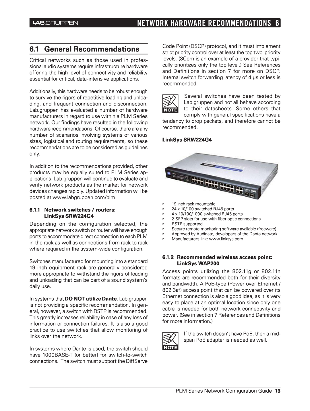 3Com NCG-PLM Network Hardware Recommendations, General Recommendations, 6.1.1Network switches / routers LinkSys SRW224G4 