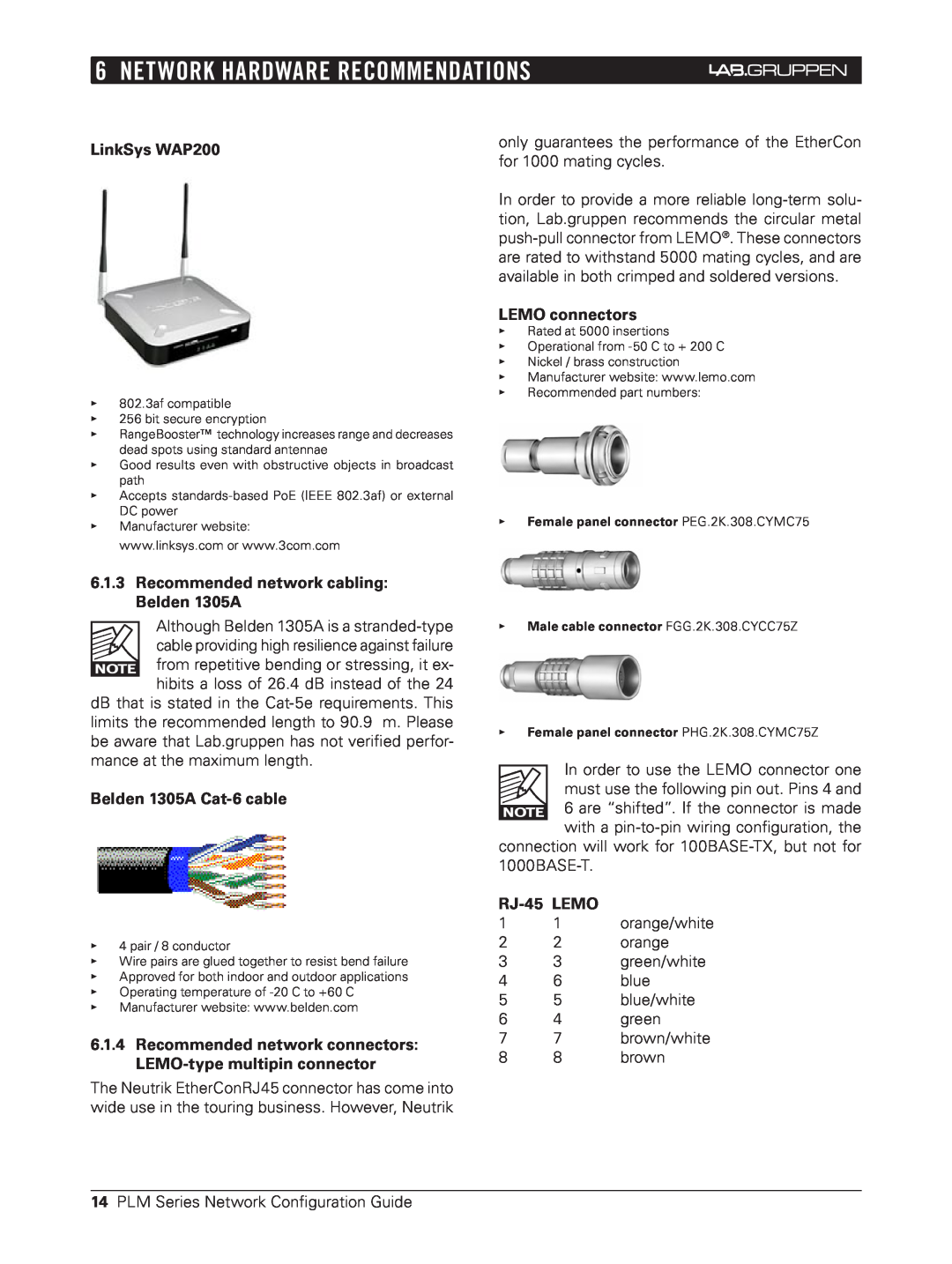3Com PLM Series Network Hardware Recommendations, LinkSys WAP200, 6.1.3Recommended network cabling Belden 1305A, RJ-45LEMO 