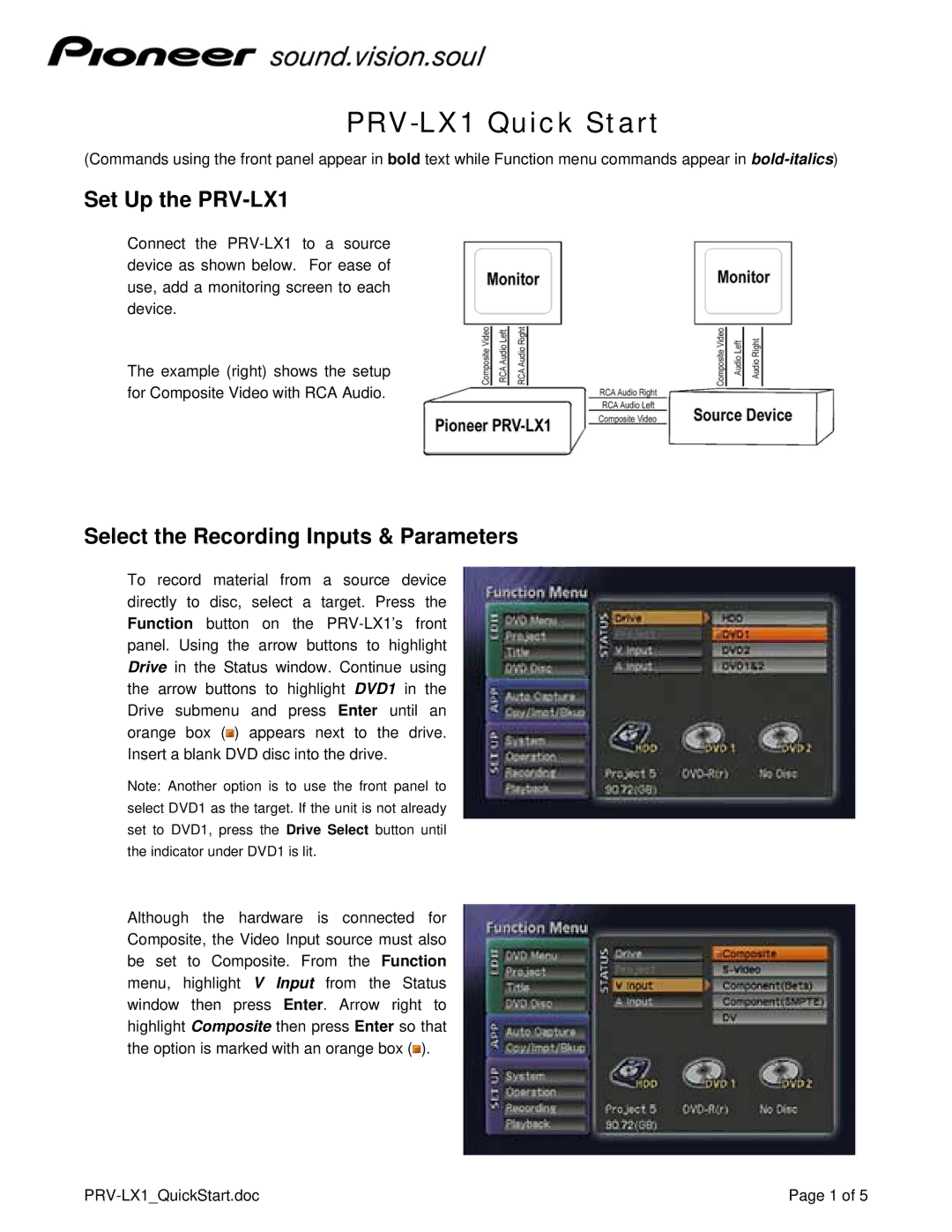 3Com quick start Set Up the PRV-LX1, Select the Recording Inputs & Parameters 