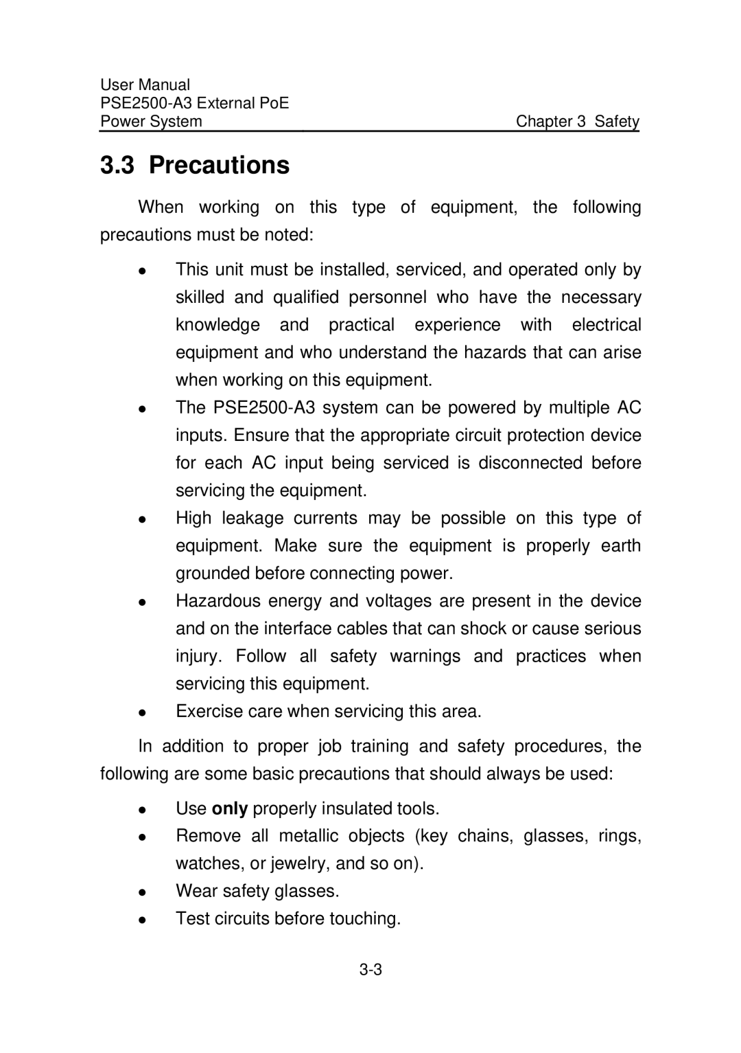 3Com PSE2500-A3 user manual Precautions 