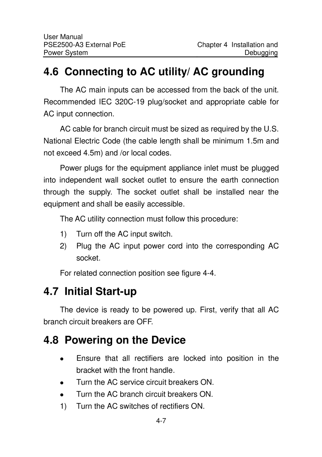 3Com PSE2500-A3 user manual Connecting to AC utility/ AC grounding, Initial Start-up, Powering on the Device 