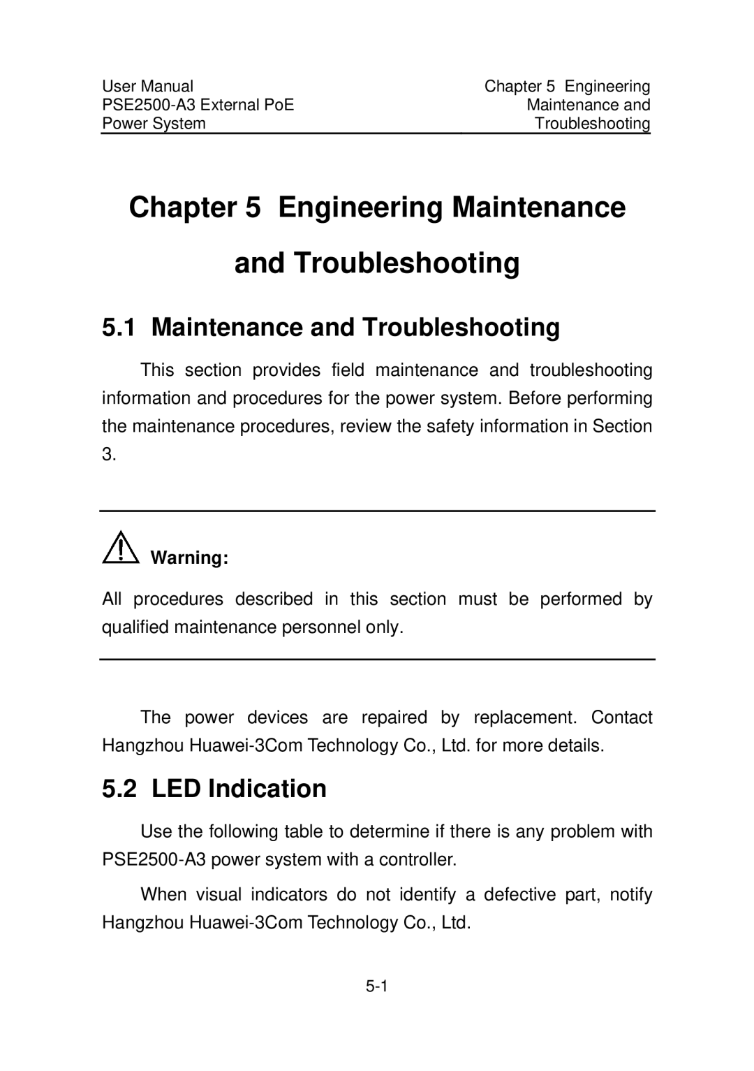 3Com PSE2500-A3 user manual Engineering Maintenance Troubleshooting, Maintenance and Troubleshooting, LED Indication 