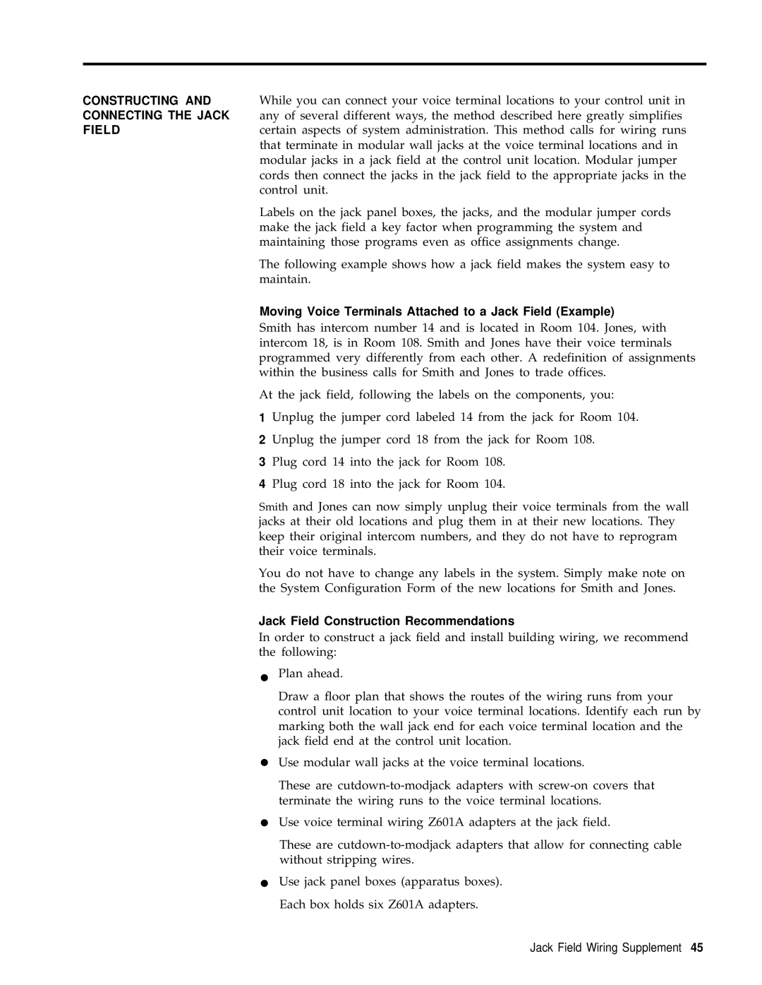 3Com RELEASE 2 Moving Voice Terminals Attached to a Jack Field Example, Jack Field Construction Recommendations 